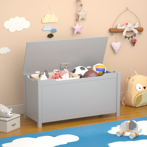 Children's wooden toy box with a safety hinge cover (Coffee)