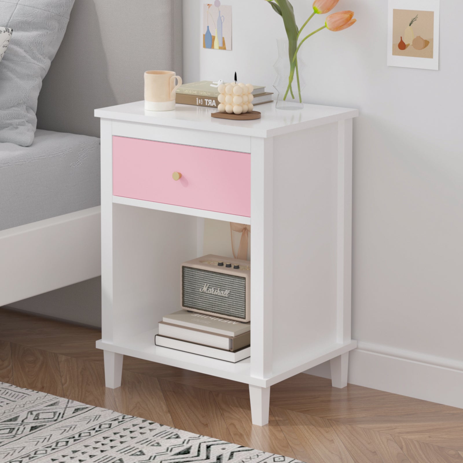 Pink wooden bedside table with drawers and storage cabinets