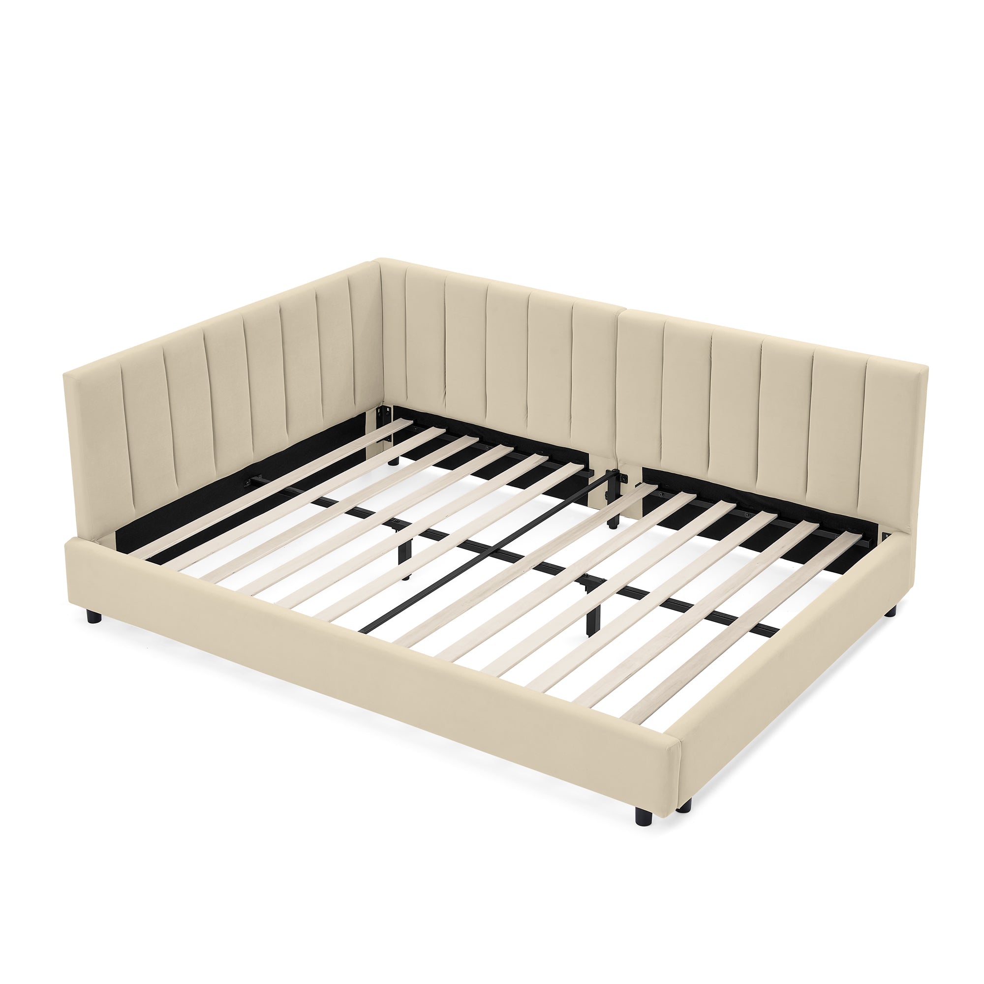 Beige mid-century velvet upholstered full-size tufted bed frame