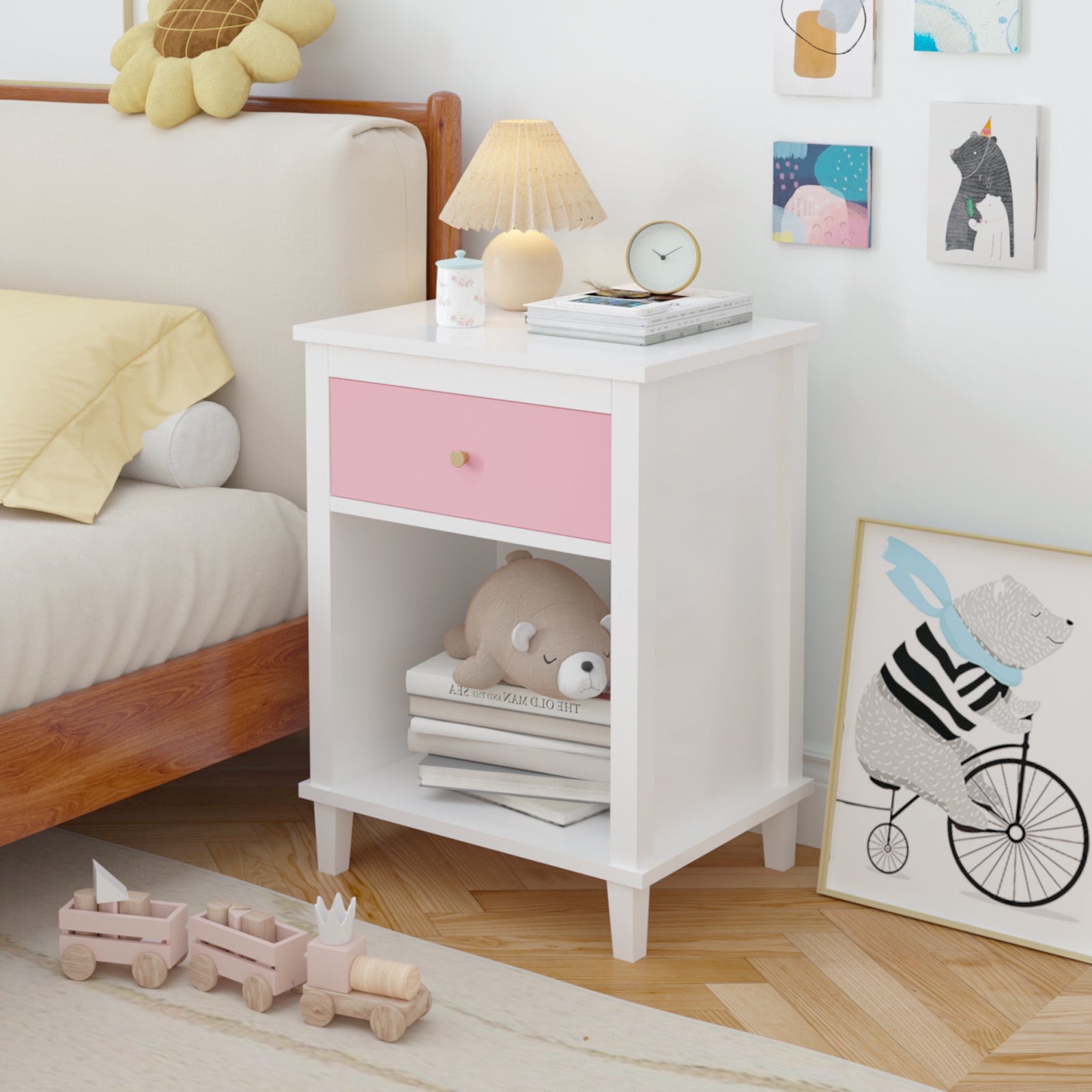 Pink wooden bedside table with drawers and storage cabinets
