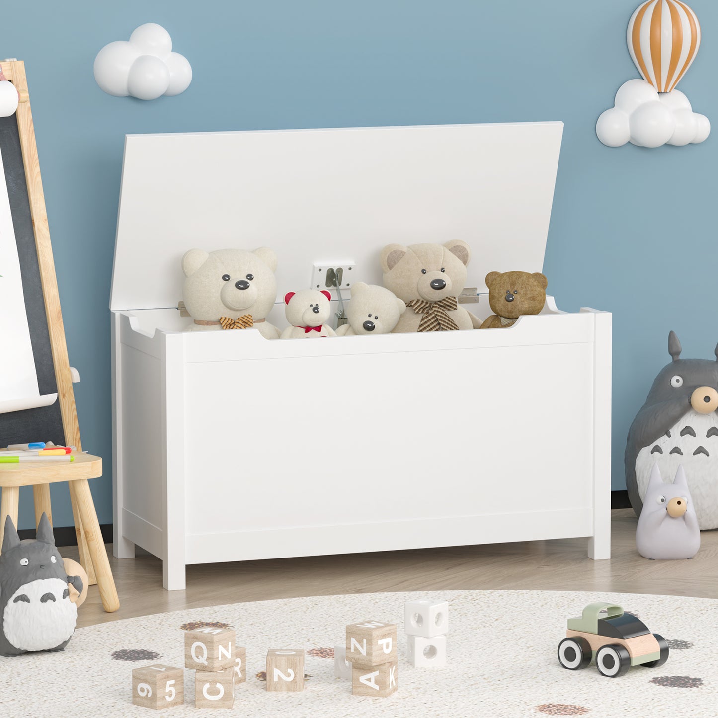 Children's wooden toy box with a safety hinge cover (White)