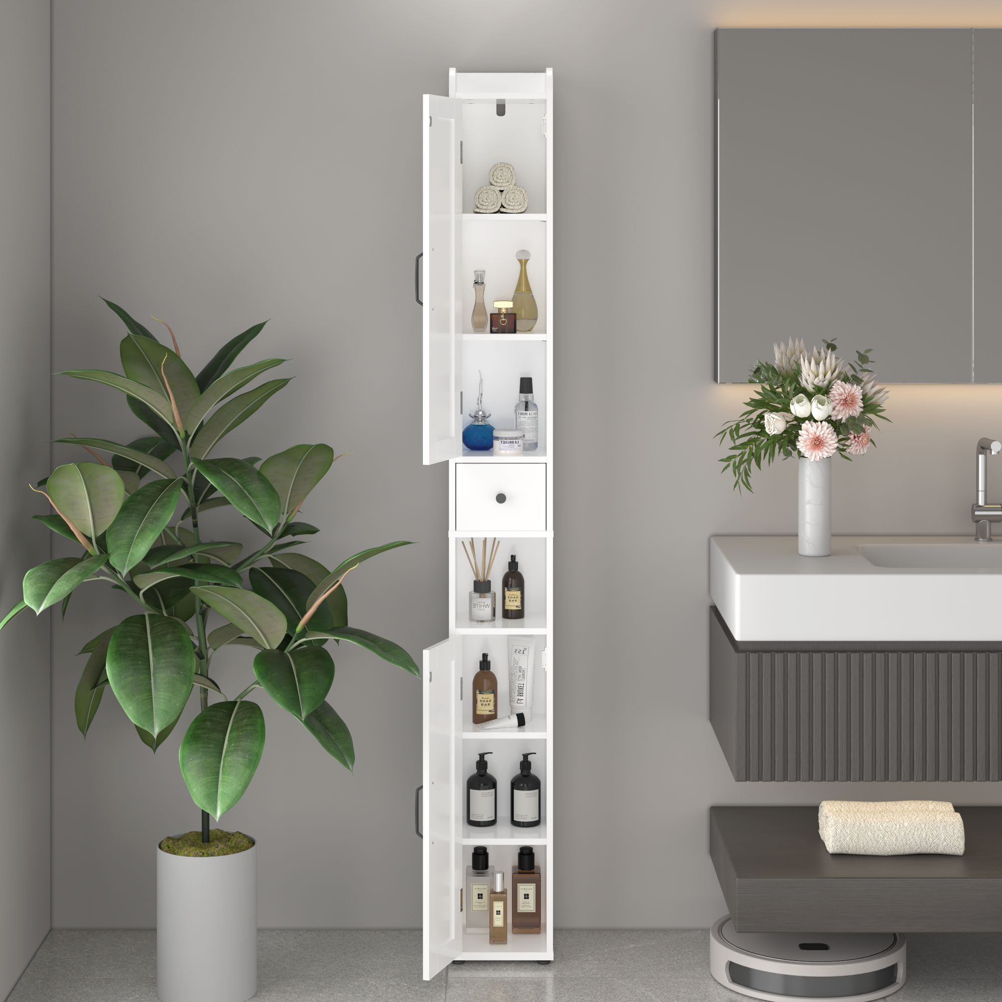 White adjustable bathroom storage cabinet