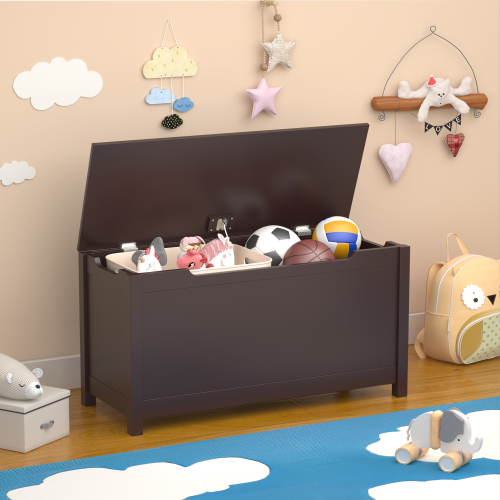 Children's wooden toy box with a safety hinge cover (Coffee)