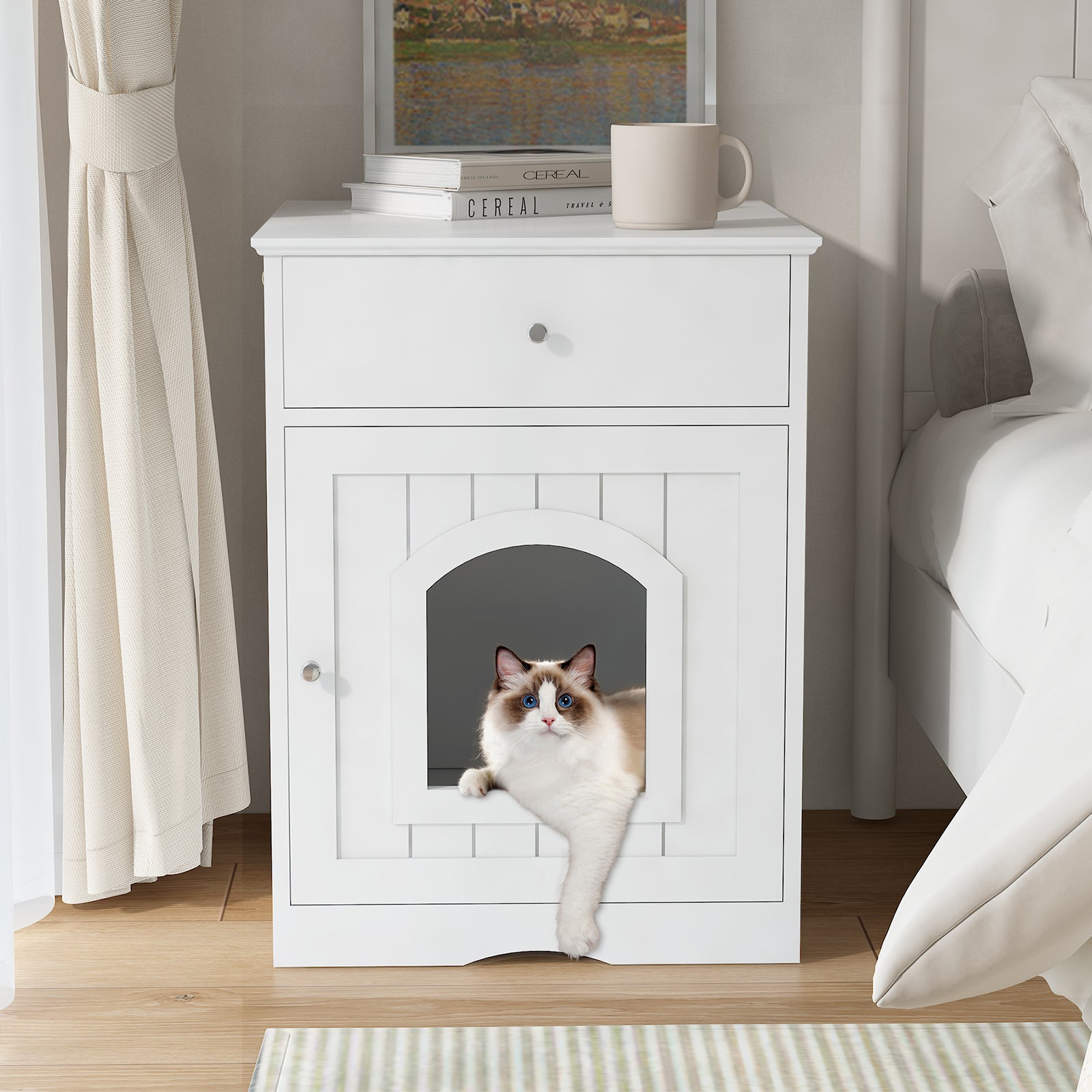 Wooden pet cat litter box with drawers and side tables and a cat's bedside table (White)