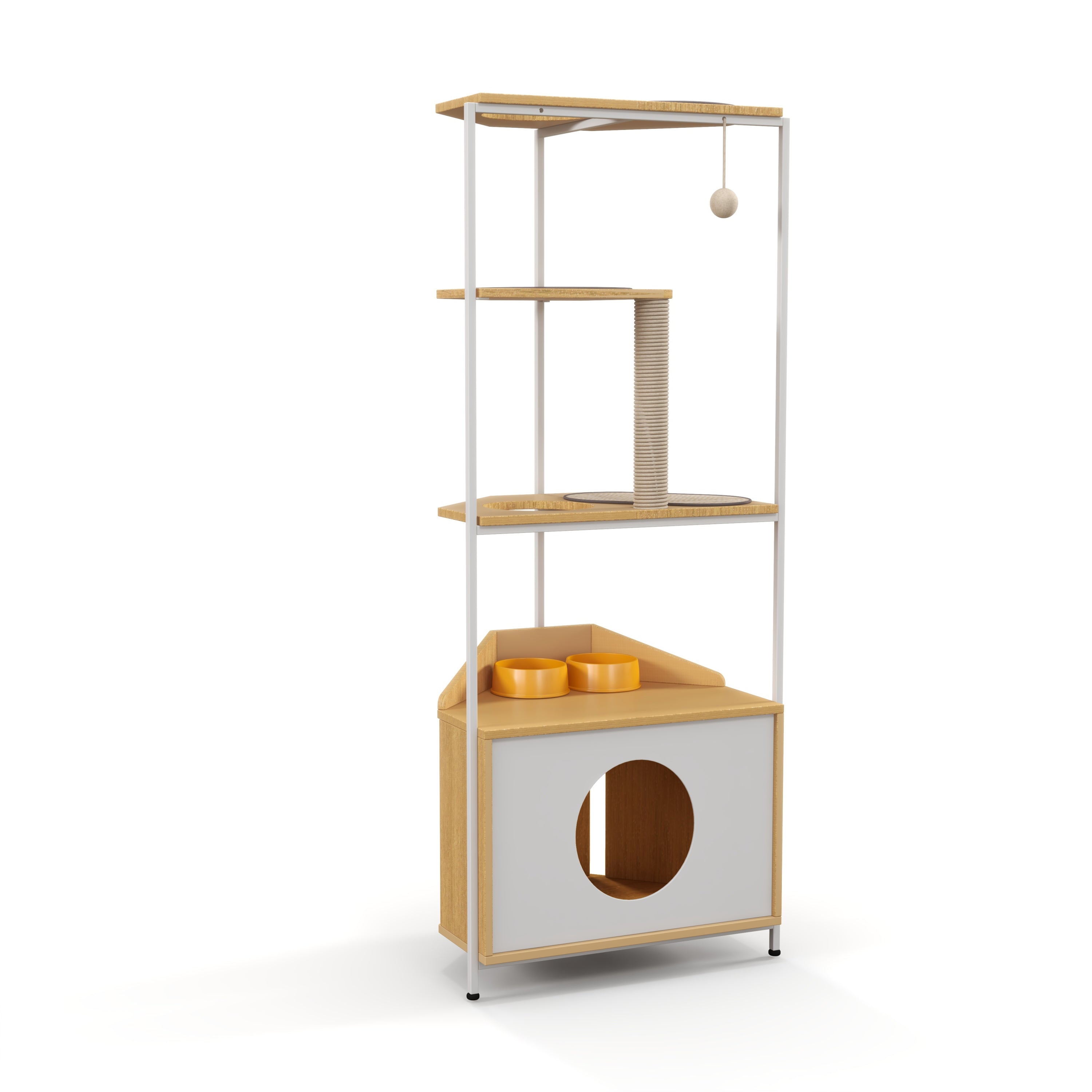 Modern corner cat towers, grab posts, cat apartments and feeding stations