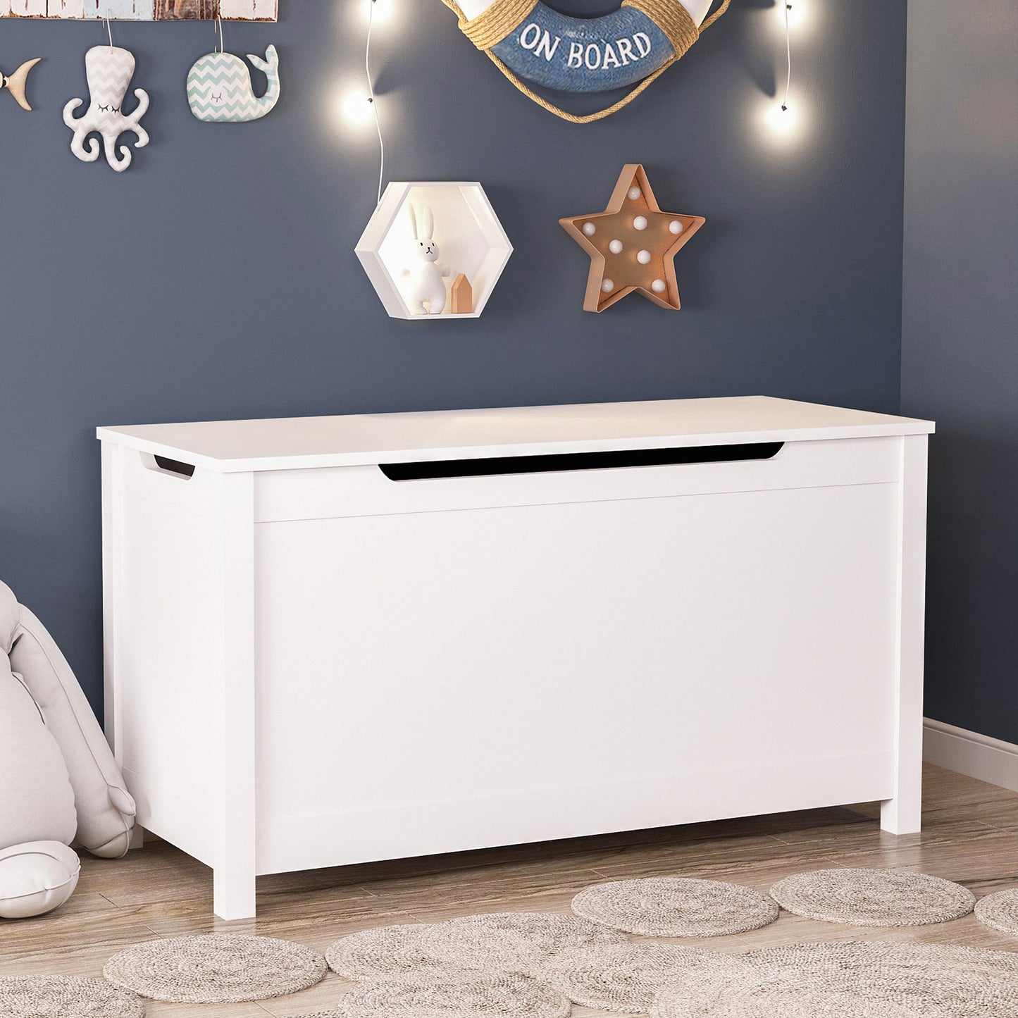 Children's wooden toy box with a safety hinge cover (White)