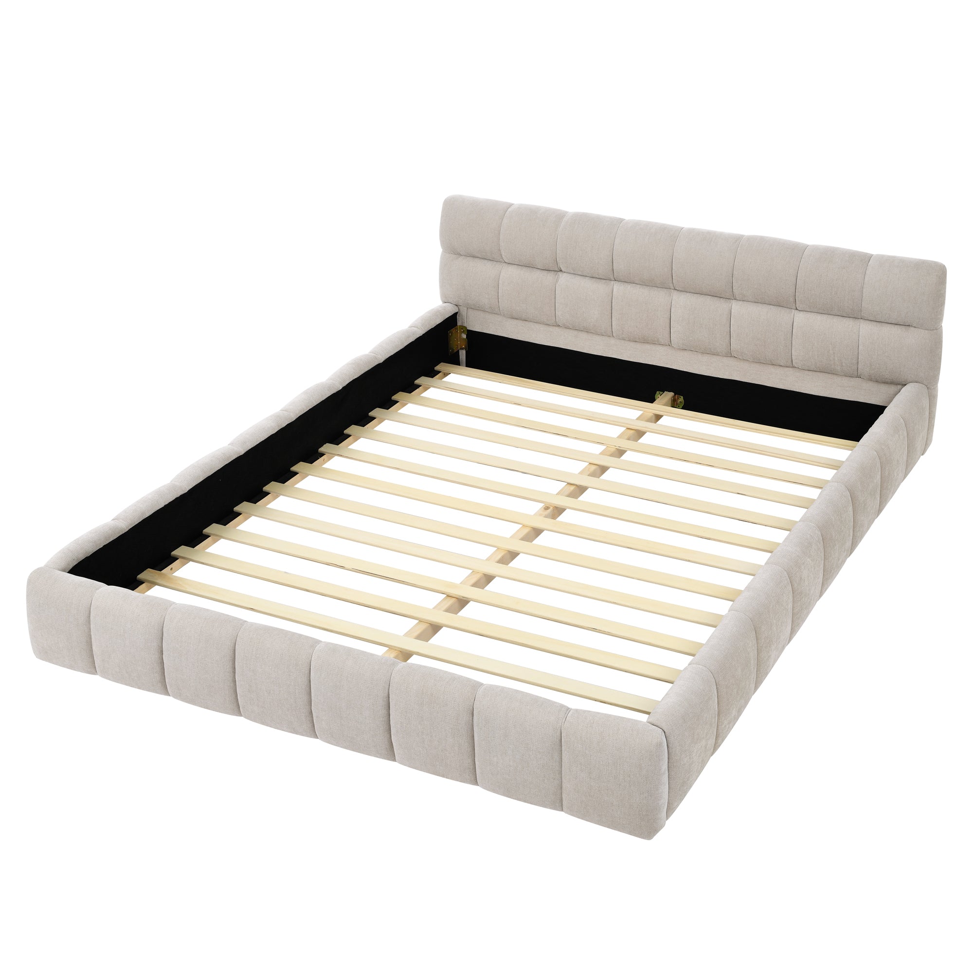 Beige large soft-padded bed frame and headboard, thick Chenille fabric