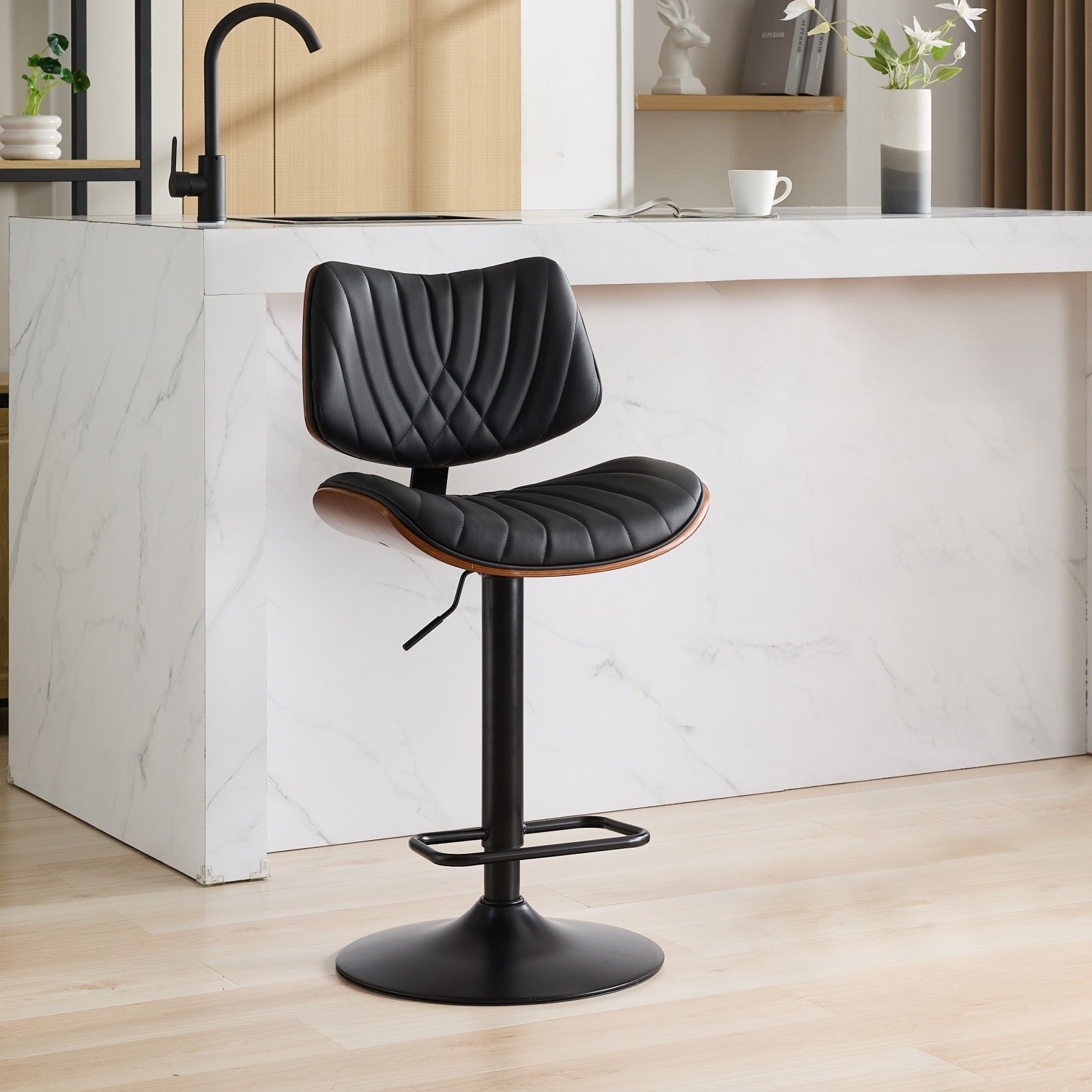 Black leather upholstered 360° rotating bar chair