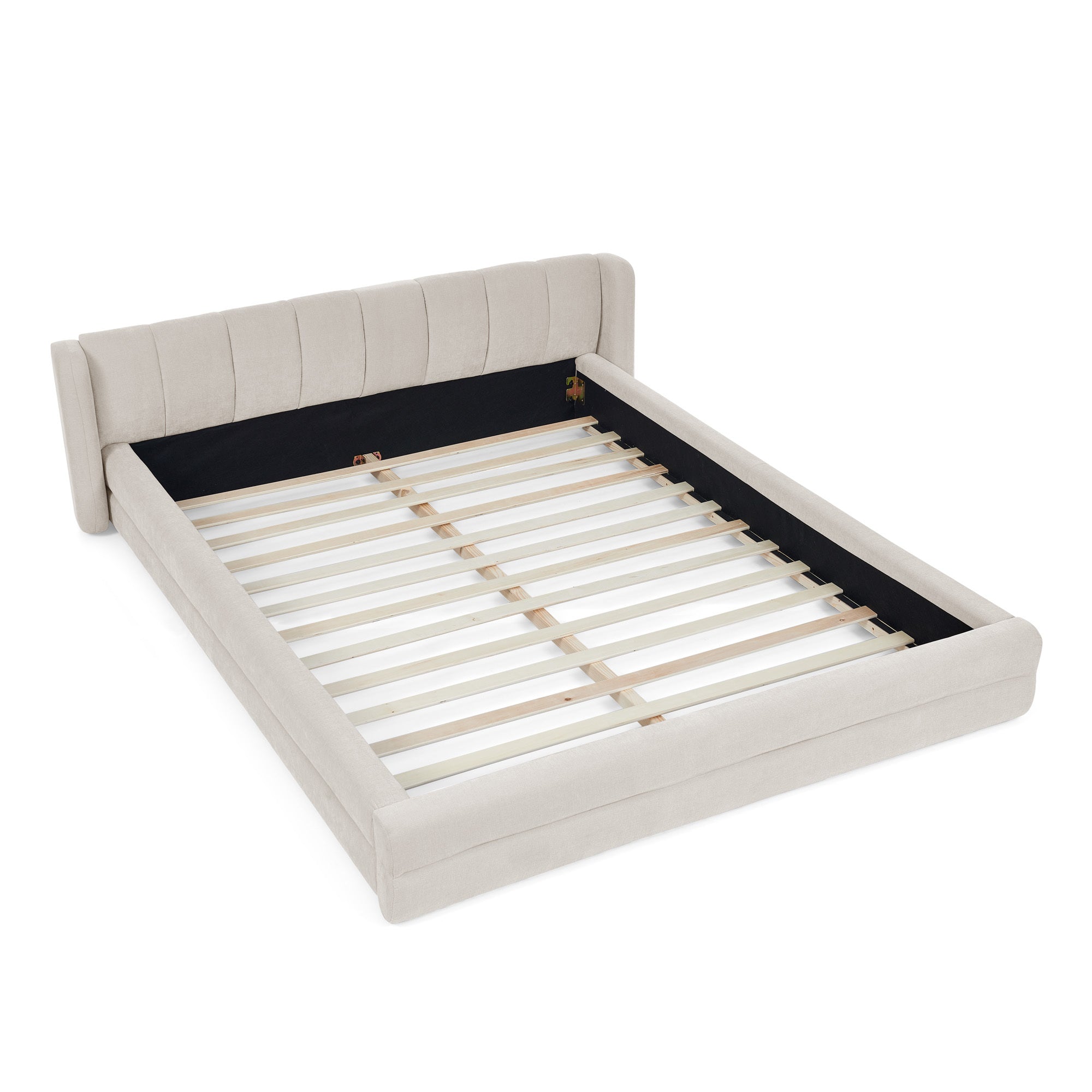 Beige large soft-padded bed frame with thick Chenille fabric