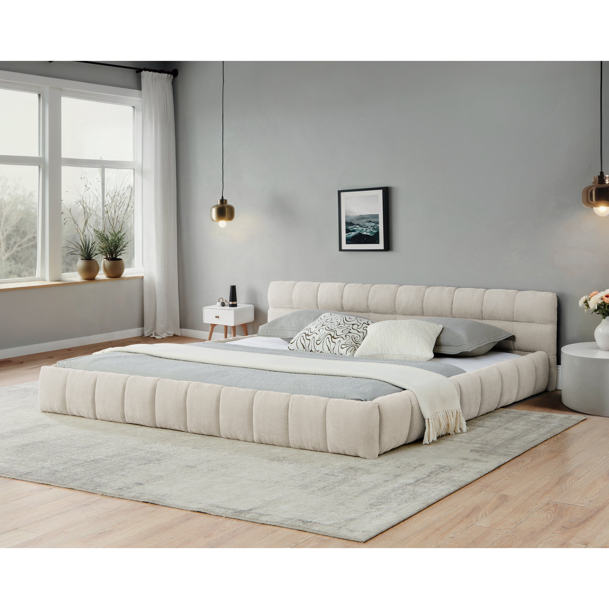 Beige king-sized bed with Chenille fabric cushions and a solid frame