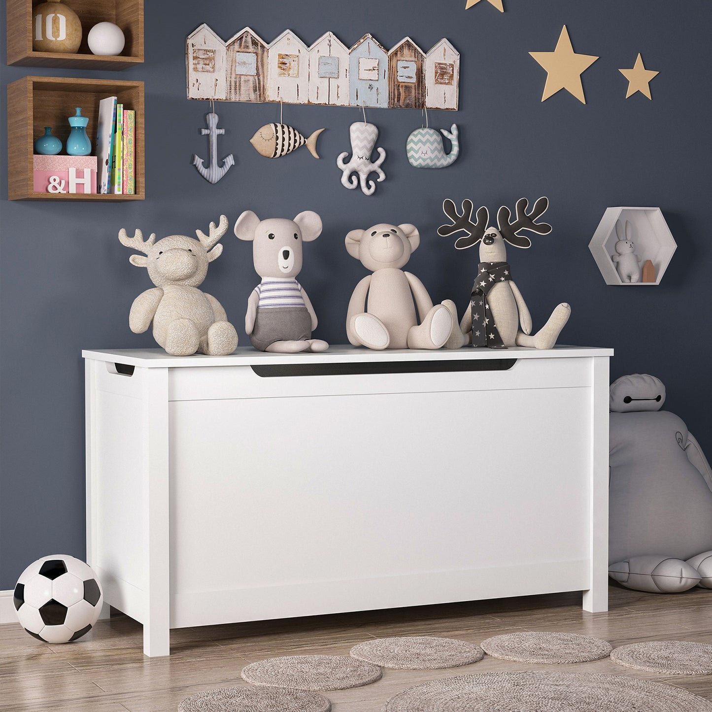 Children's wooden toy box with a safety hinge cover (White)