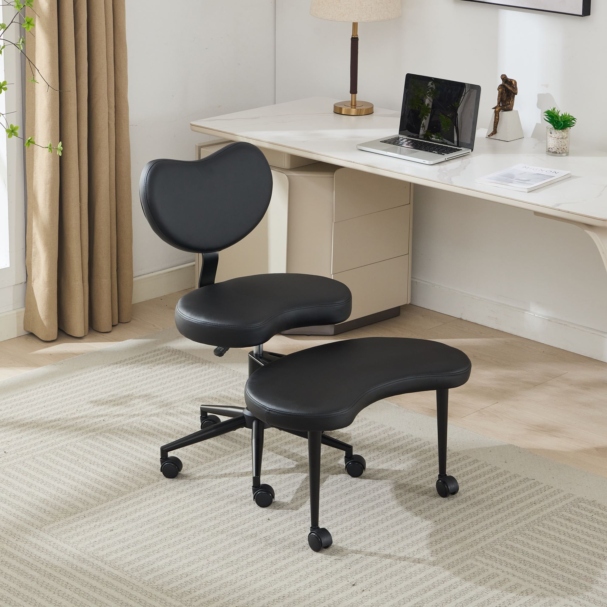 Crossed tables and chairs with wheels, waist support and adjustable stools(Black)