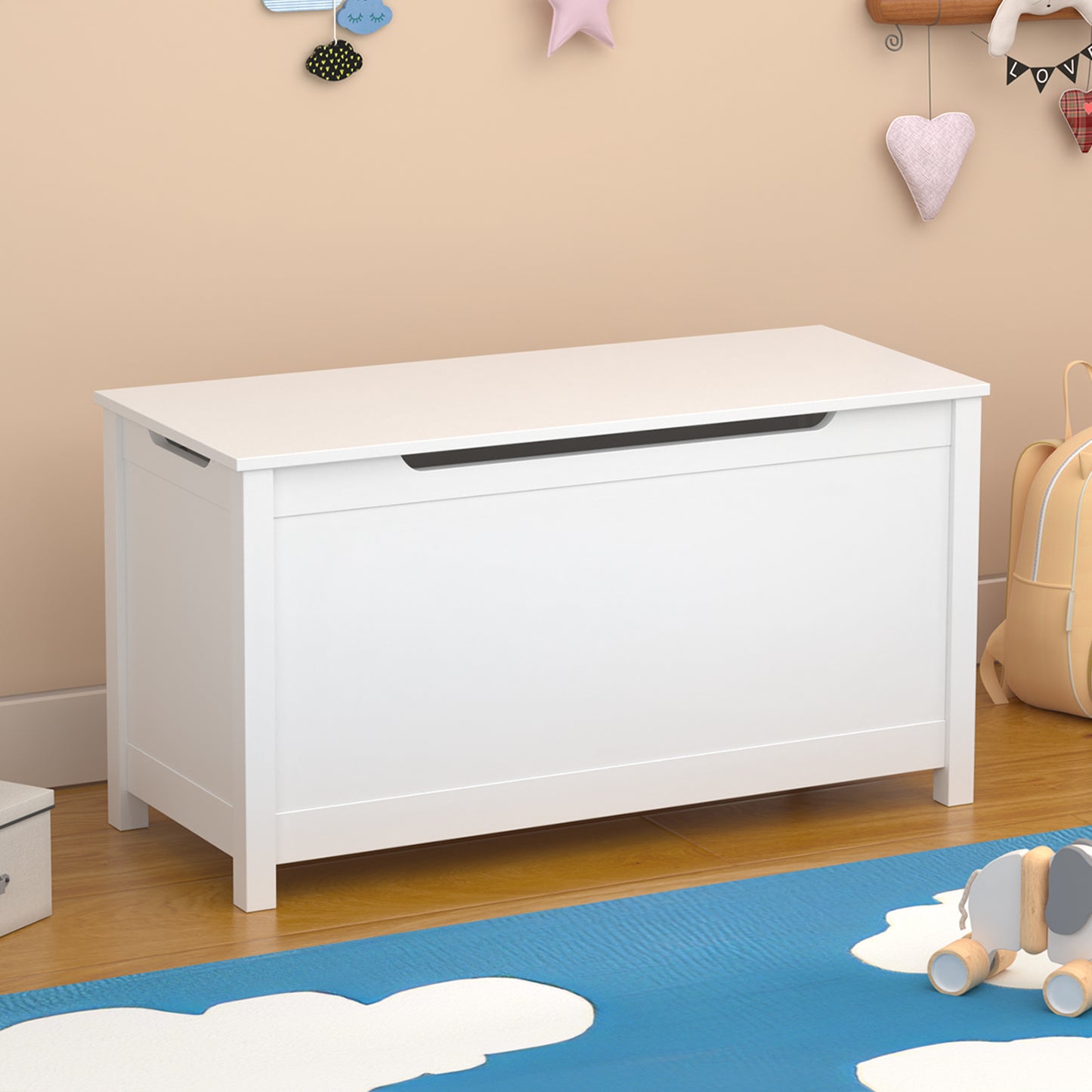 Children's wooden toy box with a safety hinge cover (White)