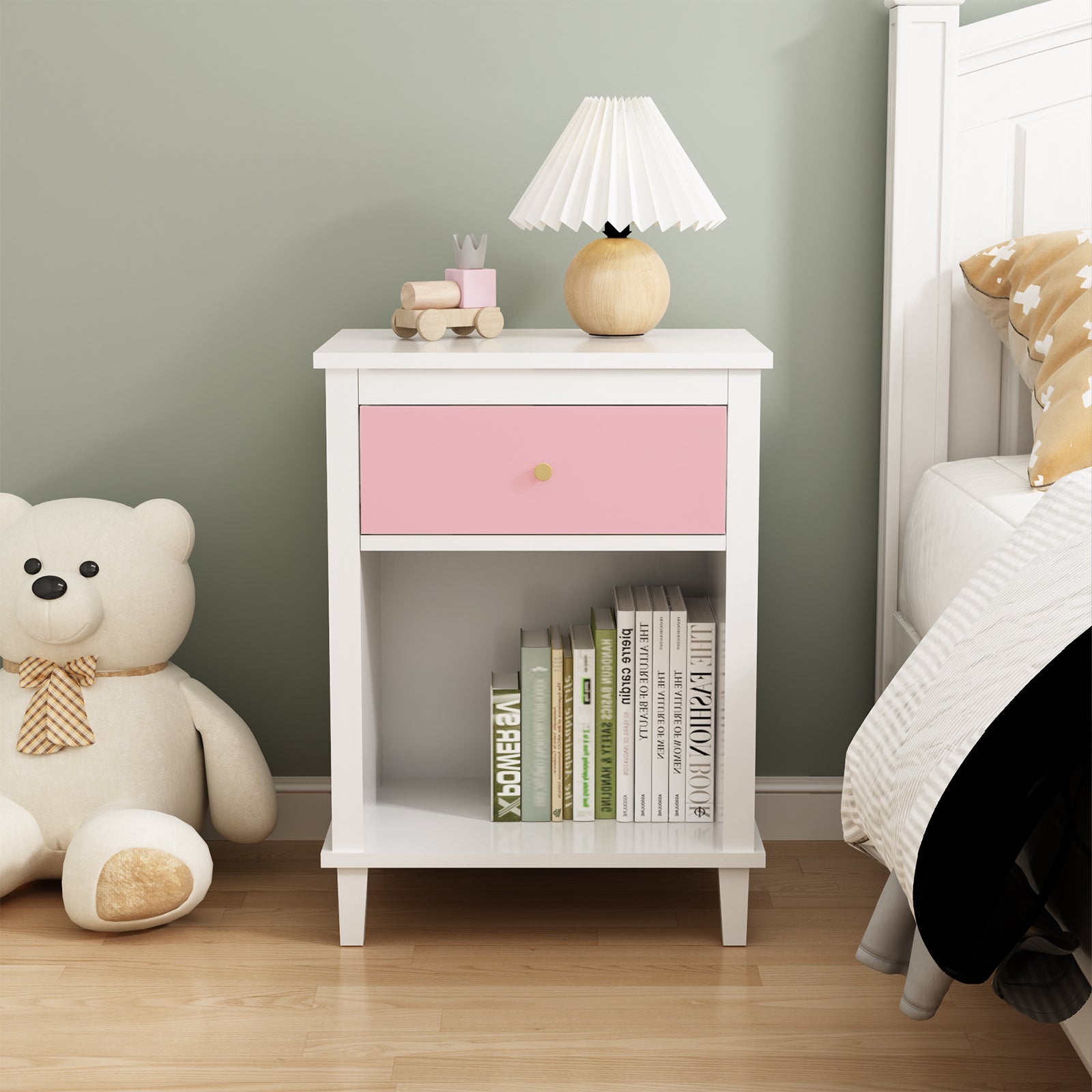Pink wooden bedside table with drawers and storage cabinets