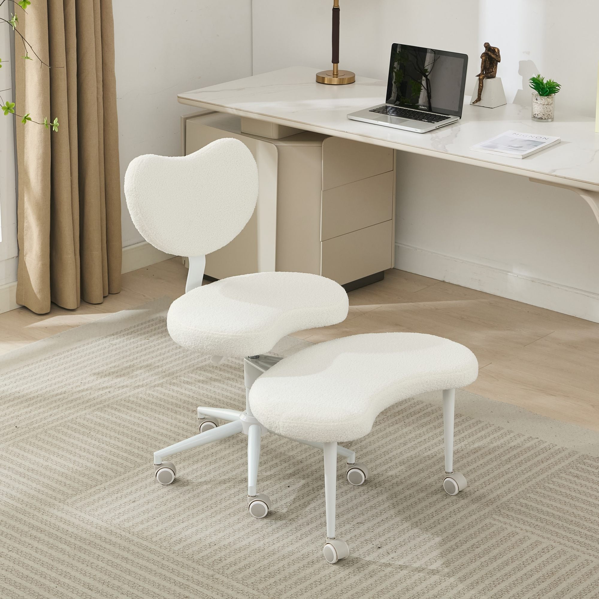 Crossed tables and chairs with wheels, waist support and adjustable stools(Ivory)