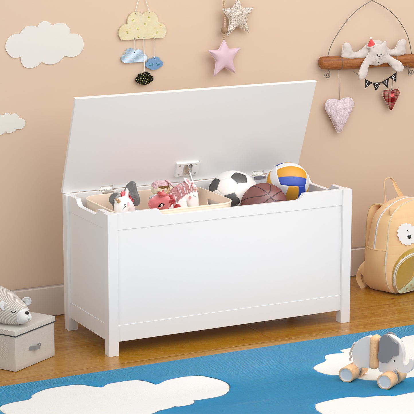 Children's wooden toy box with a safety hinge cover (White)
