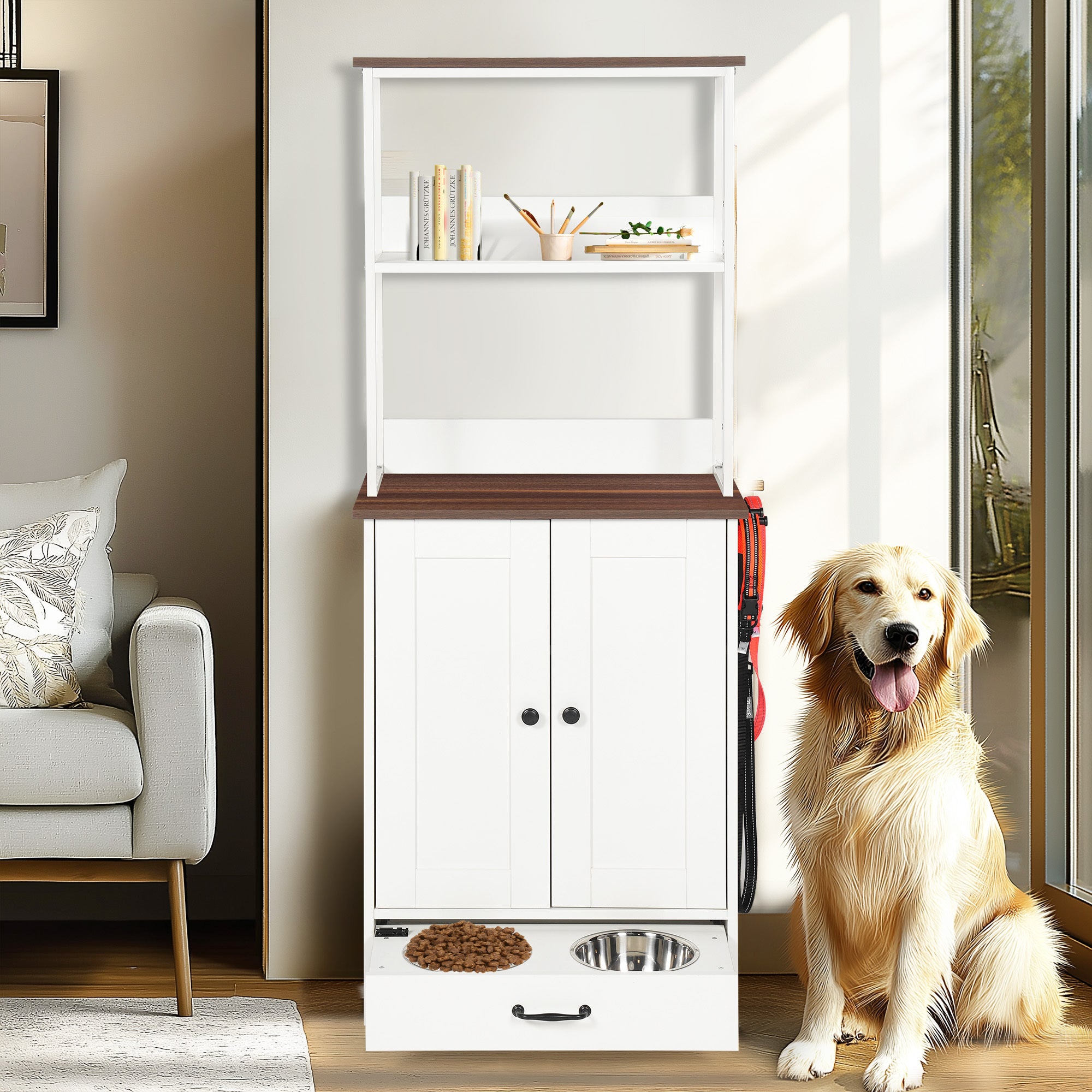 Pet feeding station with storage and bowls