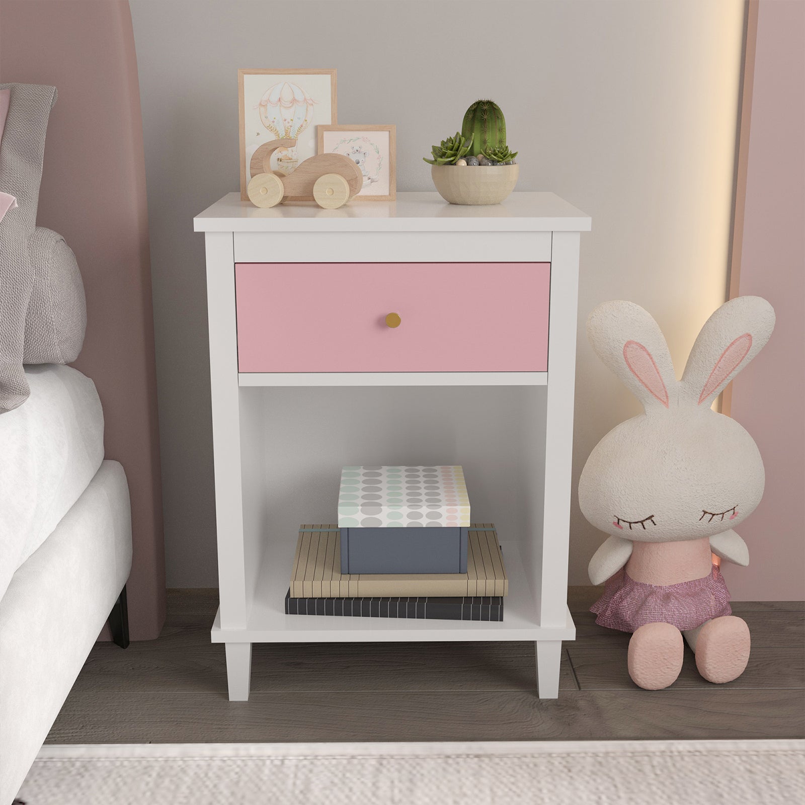 Pink wooden bedside table with drawers and storage cabinets
