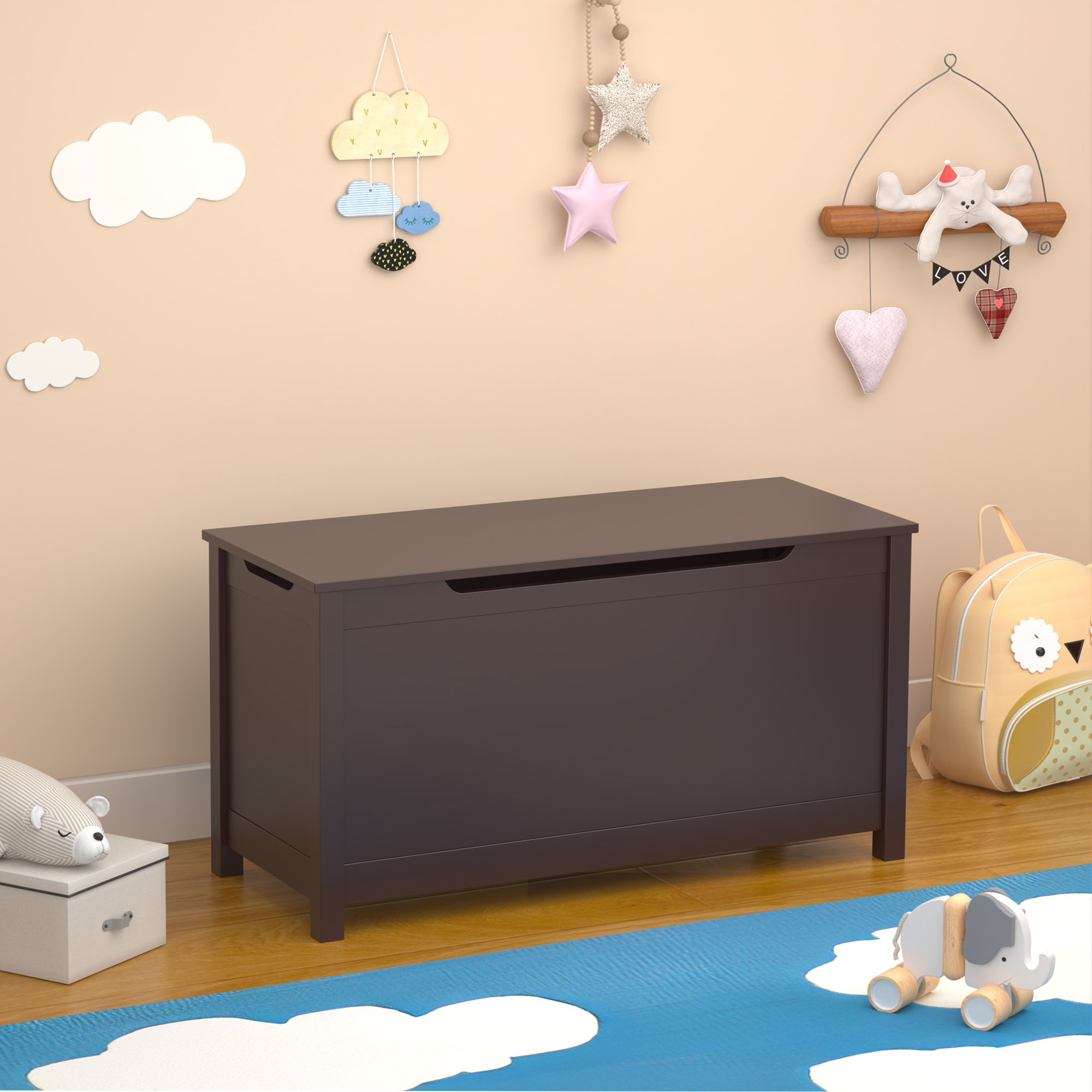 Children's wooden toy box with a safety hinge cover (Coffee)