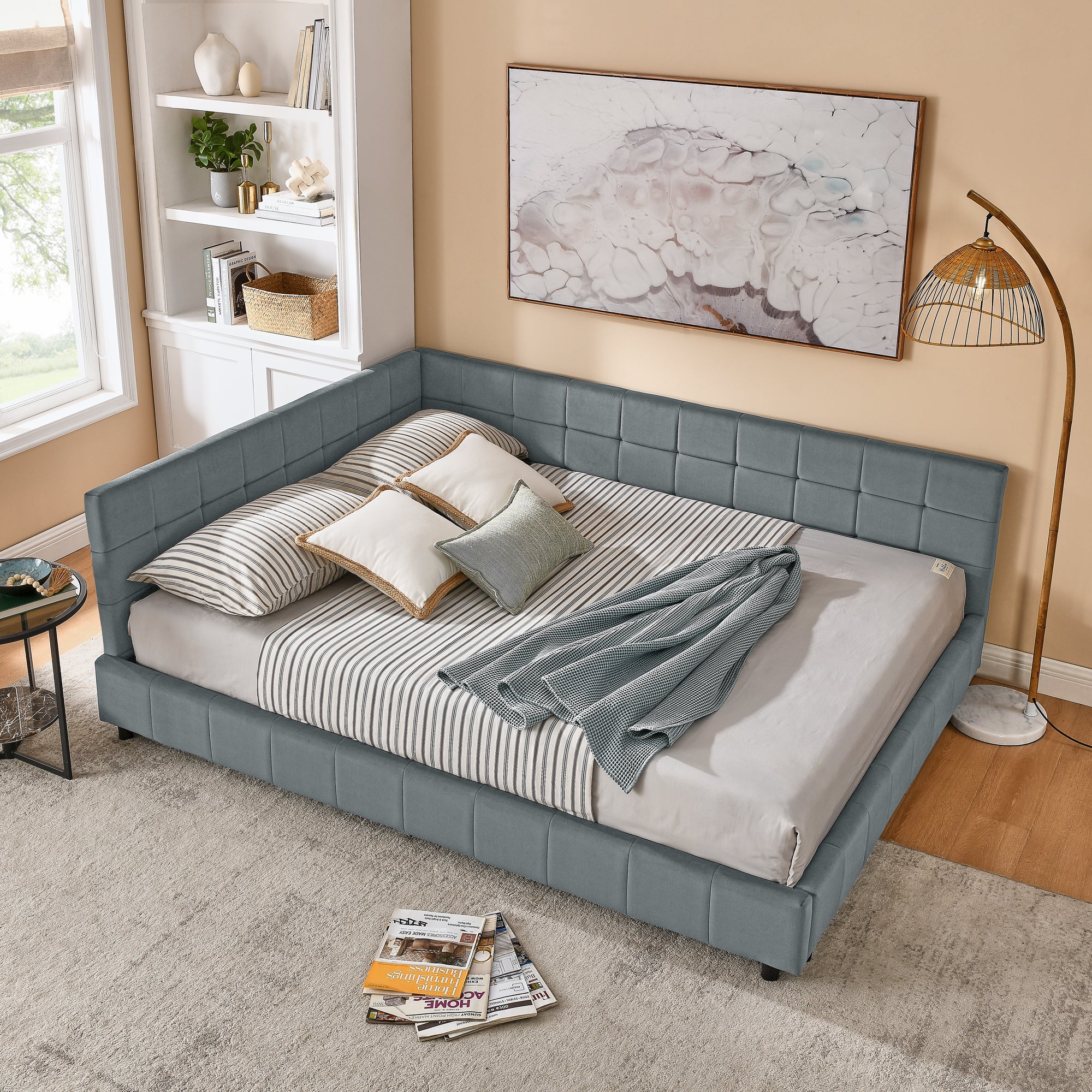 Grey mid-century velvet upholstered tufted king-sized bed frame