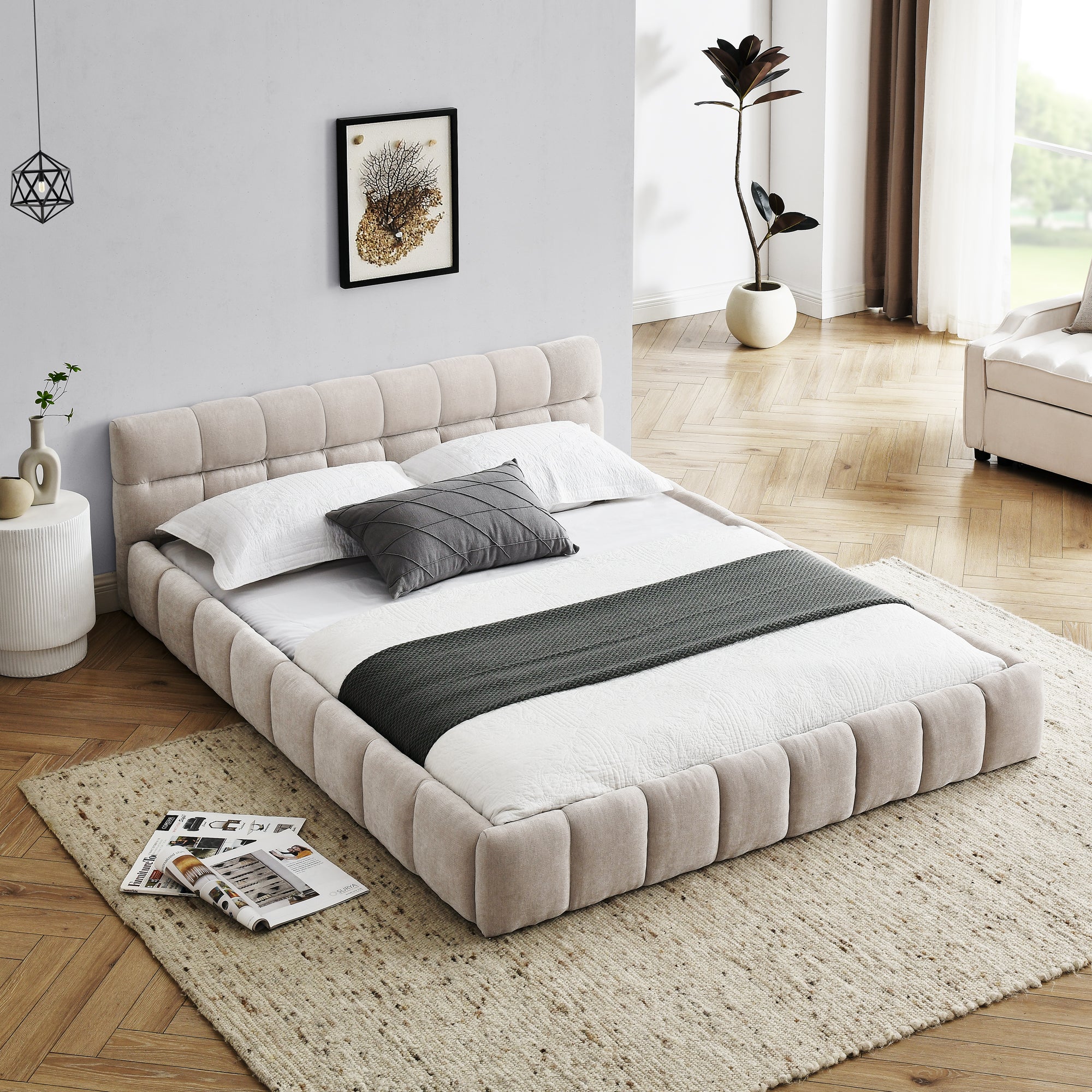 Beige large soft-padded bed frame and headboard, thick Chenille fabric