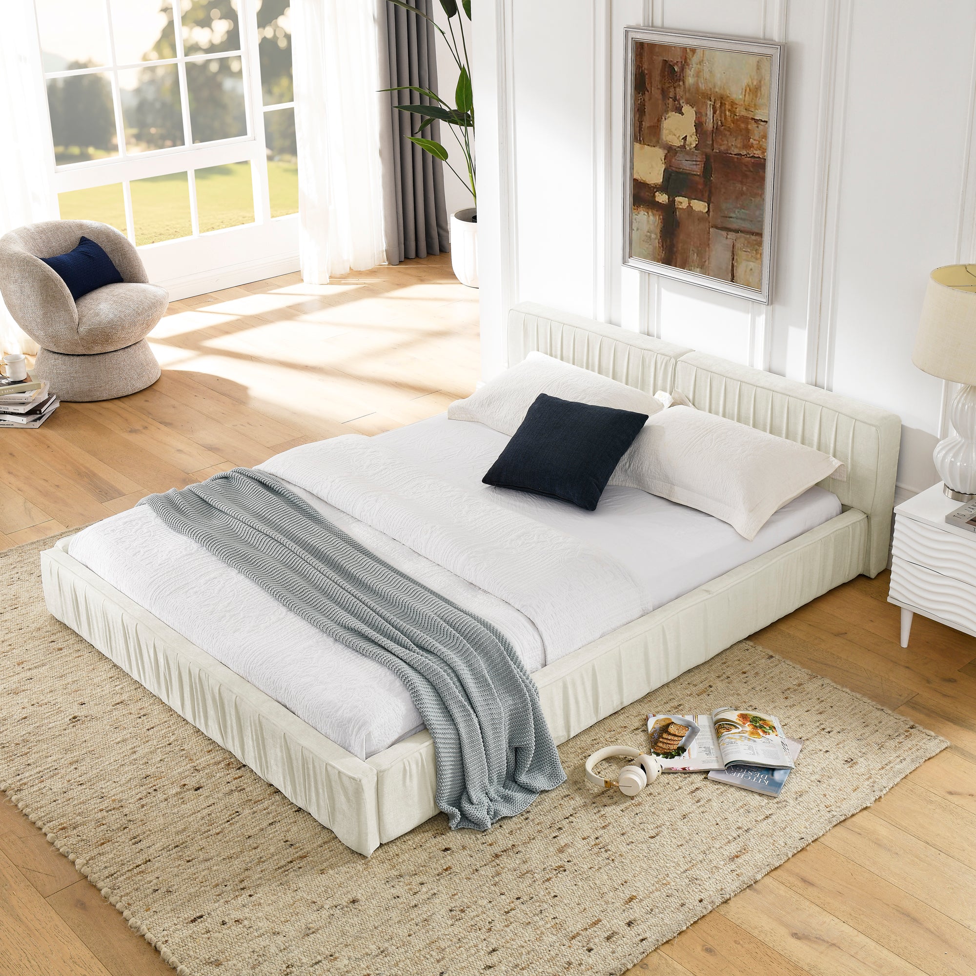 Beige large soft-padded platform bed frame