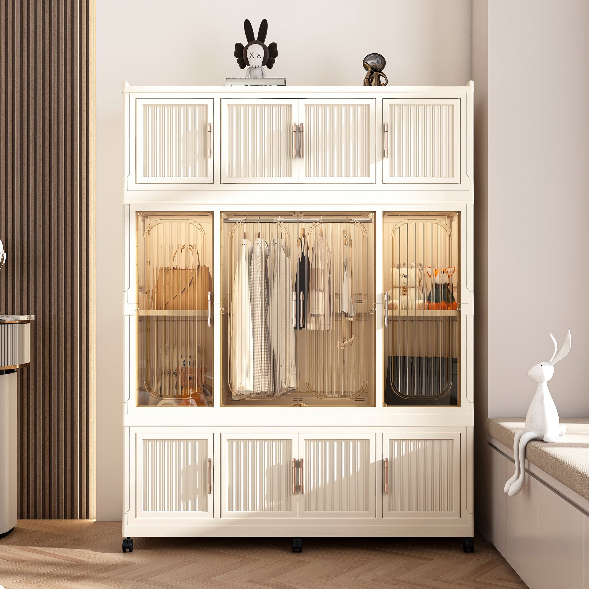 Three-layer white portable wardrobe, storage cabinet and dressing table