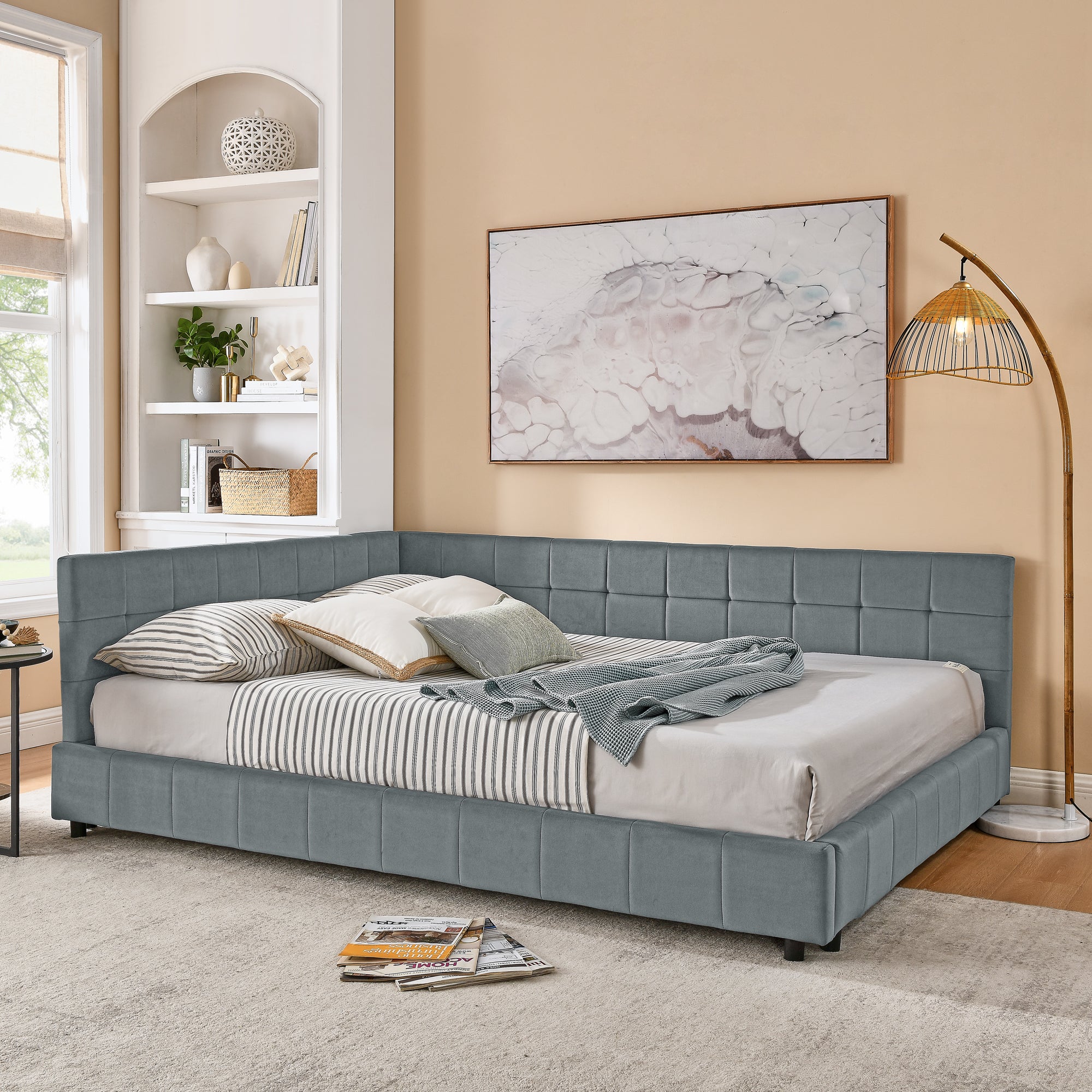 Grey mid-century velvet upholstered tufted king-sized bed frame