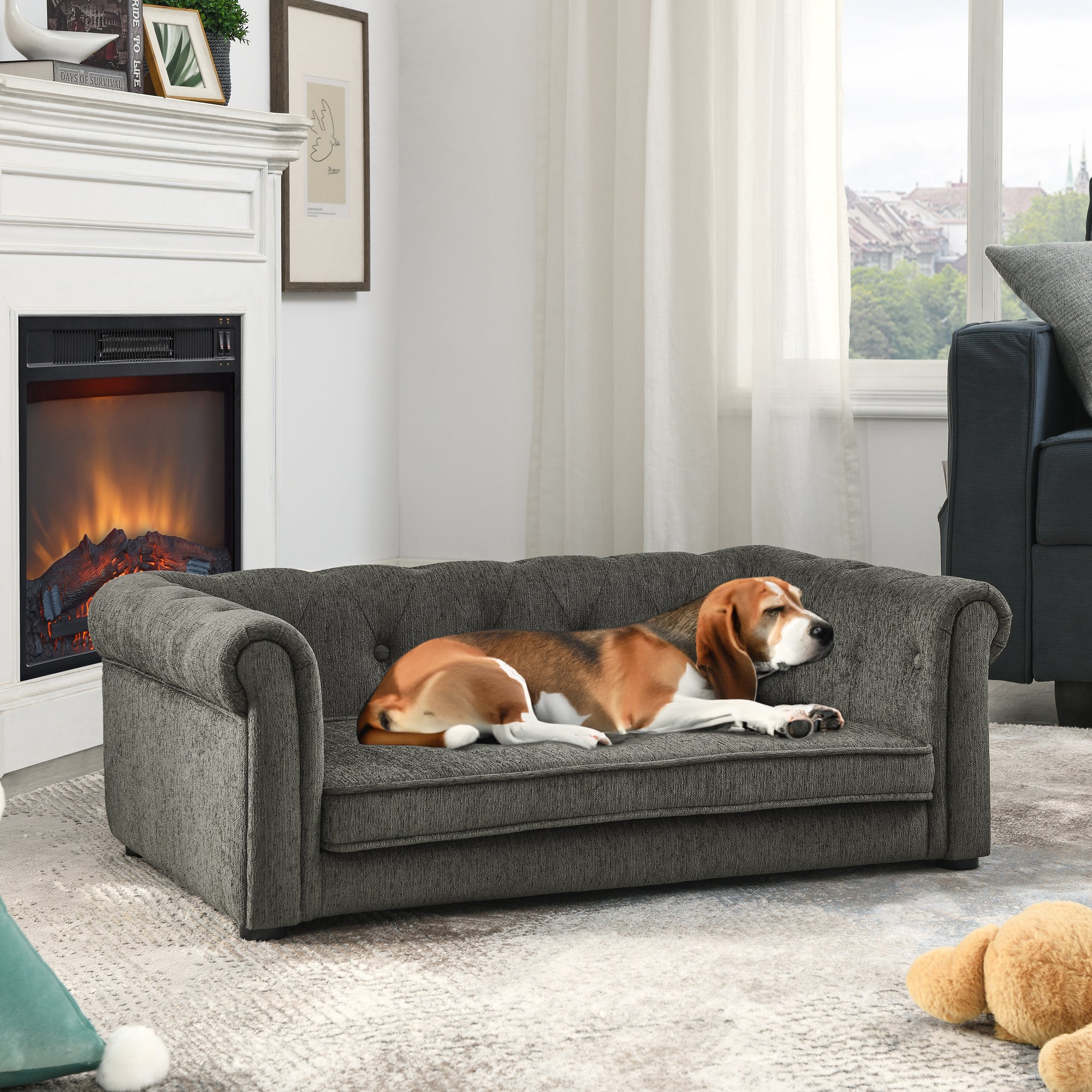 Dark grey medium and small-sized elevated dog sofa