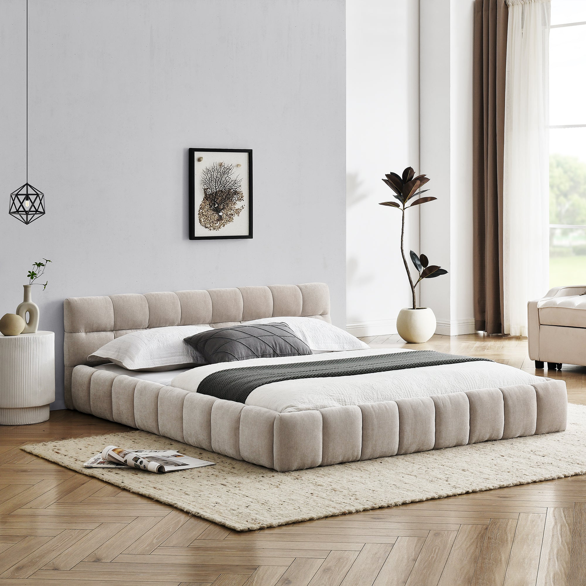 Beige large soft-padded bed frame and headboard, thick Chenille fabric