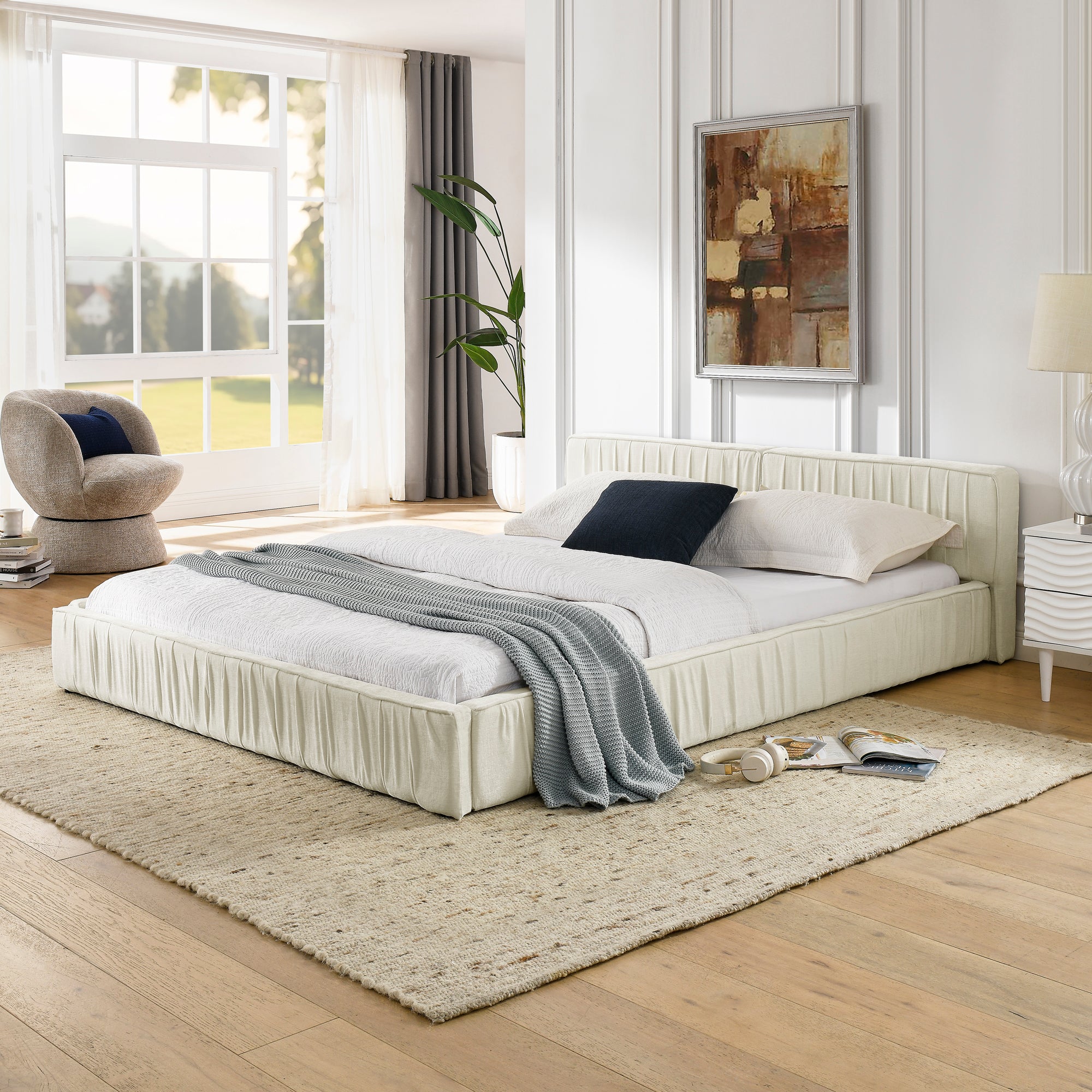 Beige large soft-padded platform bed frame