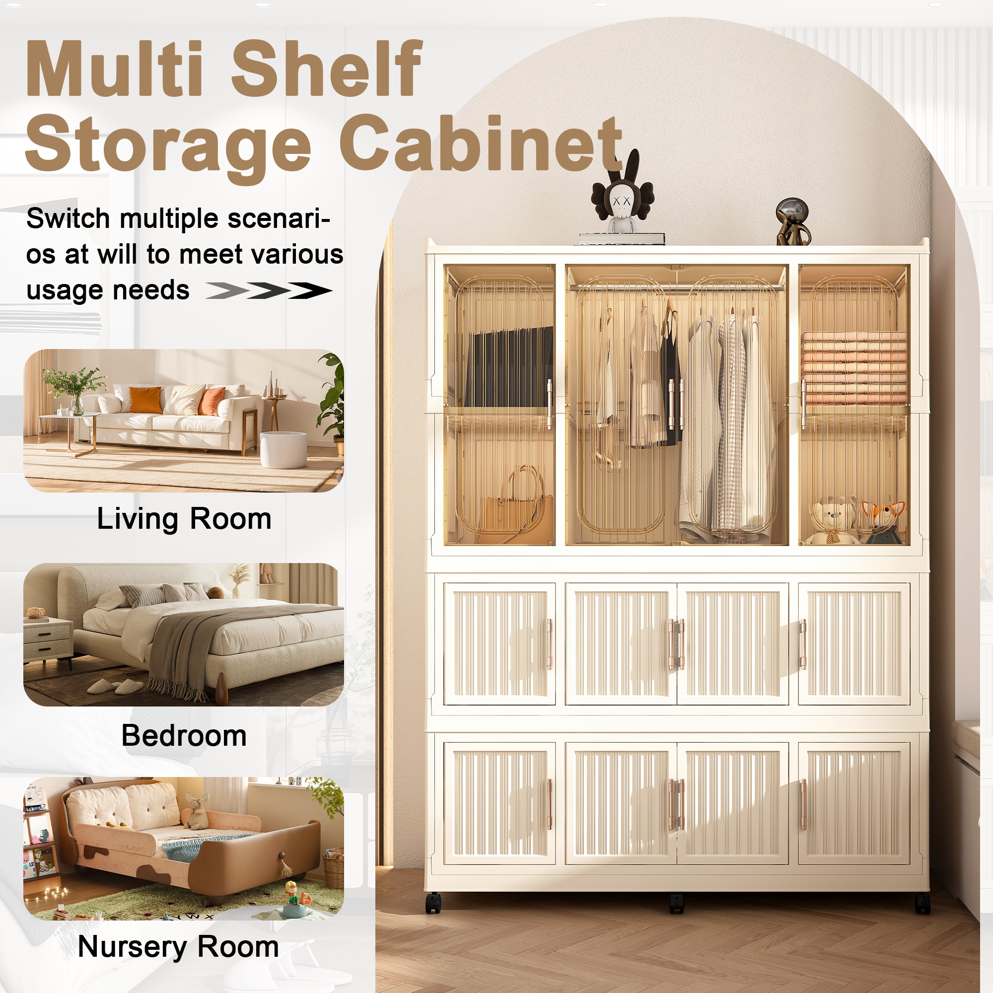 Three-layer white portable wardrobe, storage cabinet and dressing table