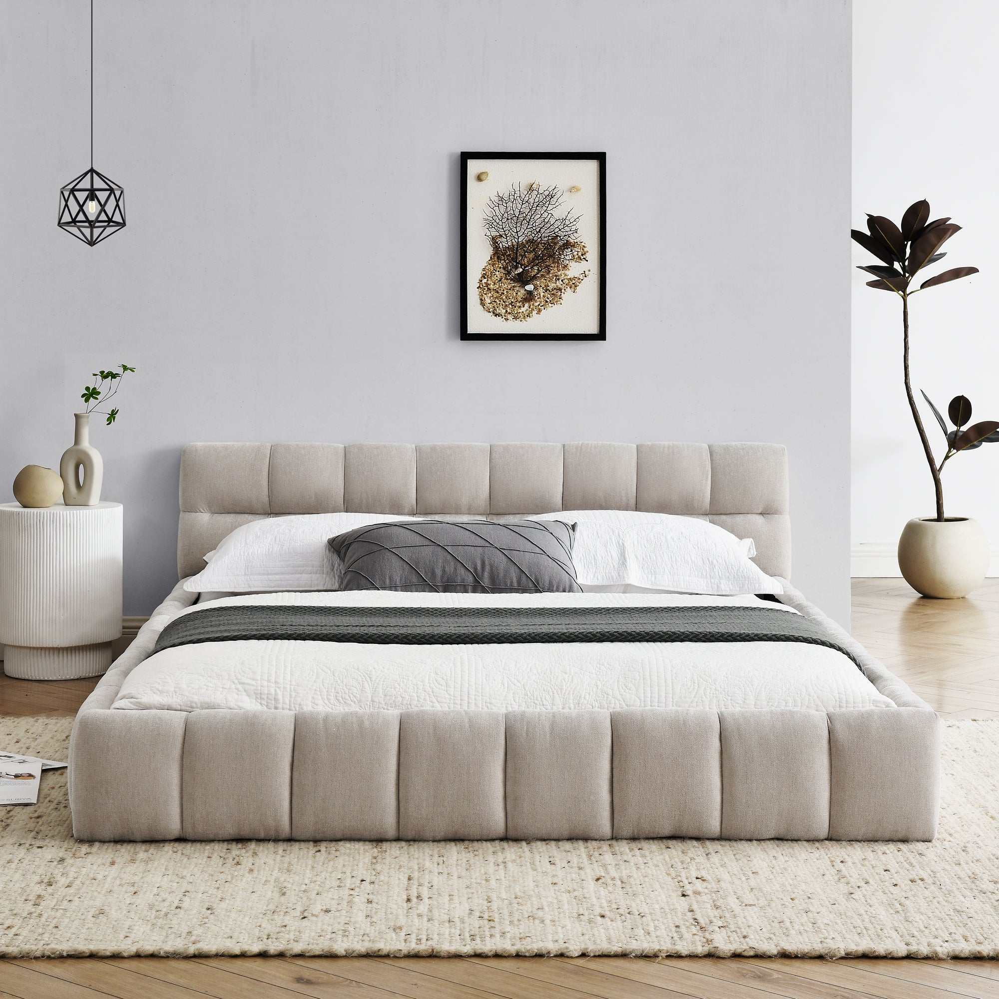 Beige large soft-padded bed frame and headboard, thick Chenille fabric