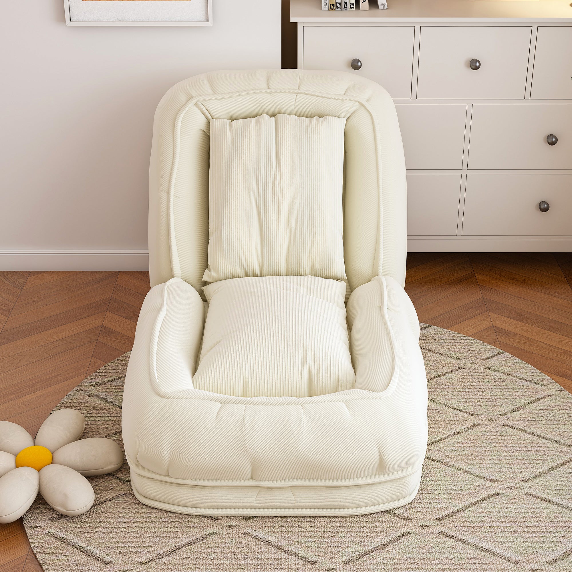Foldable white sofa bed with soft cushions for people and pets