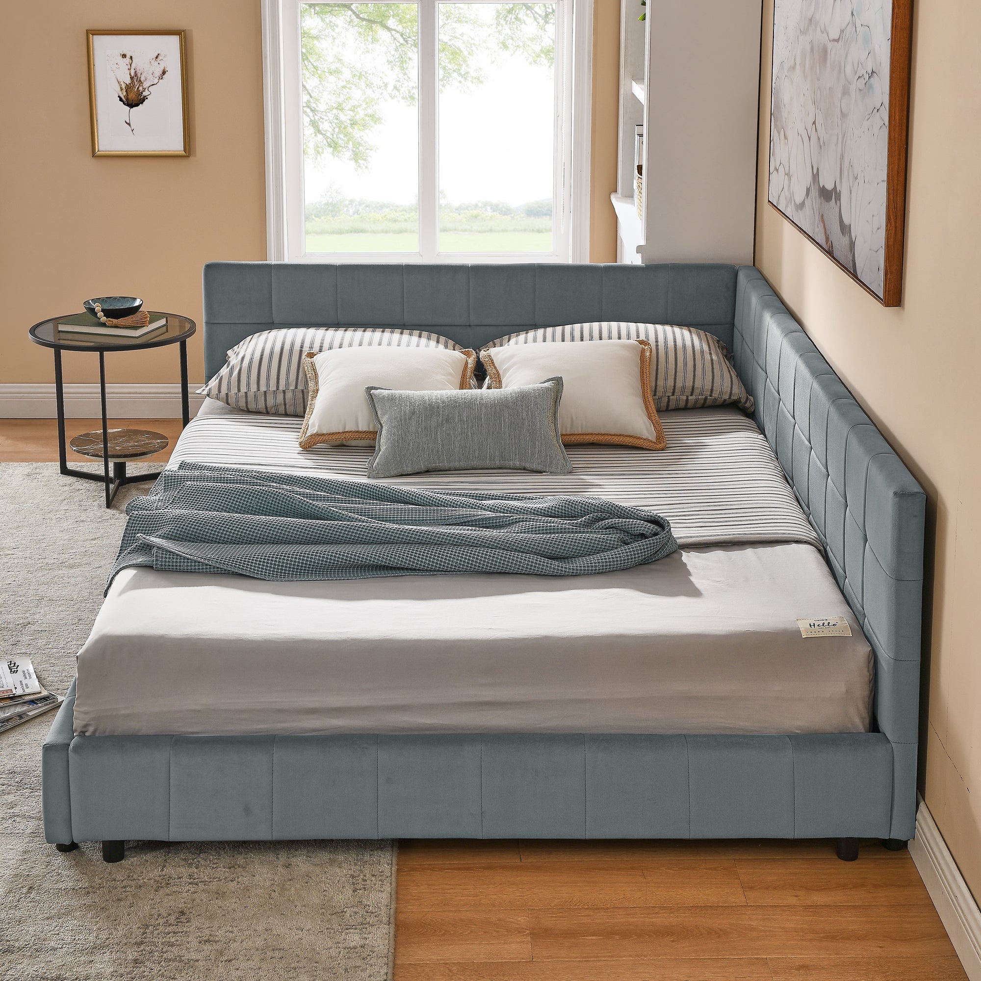 Grey mid-century velvet upholstered tufted king-sized bed frame