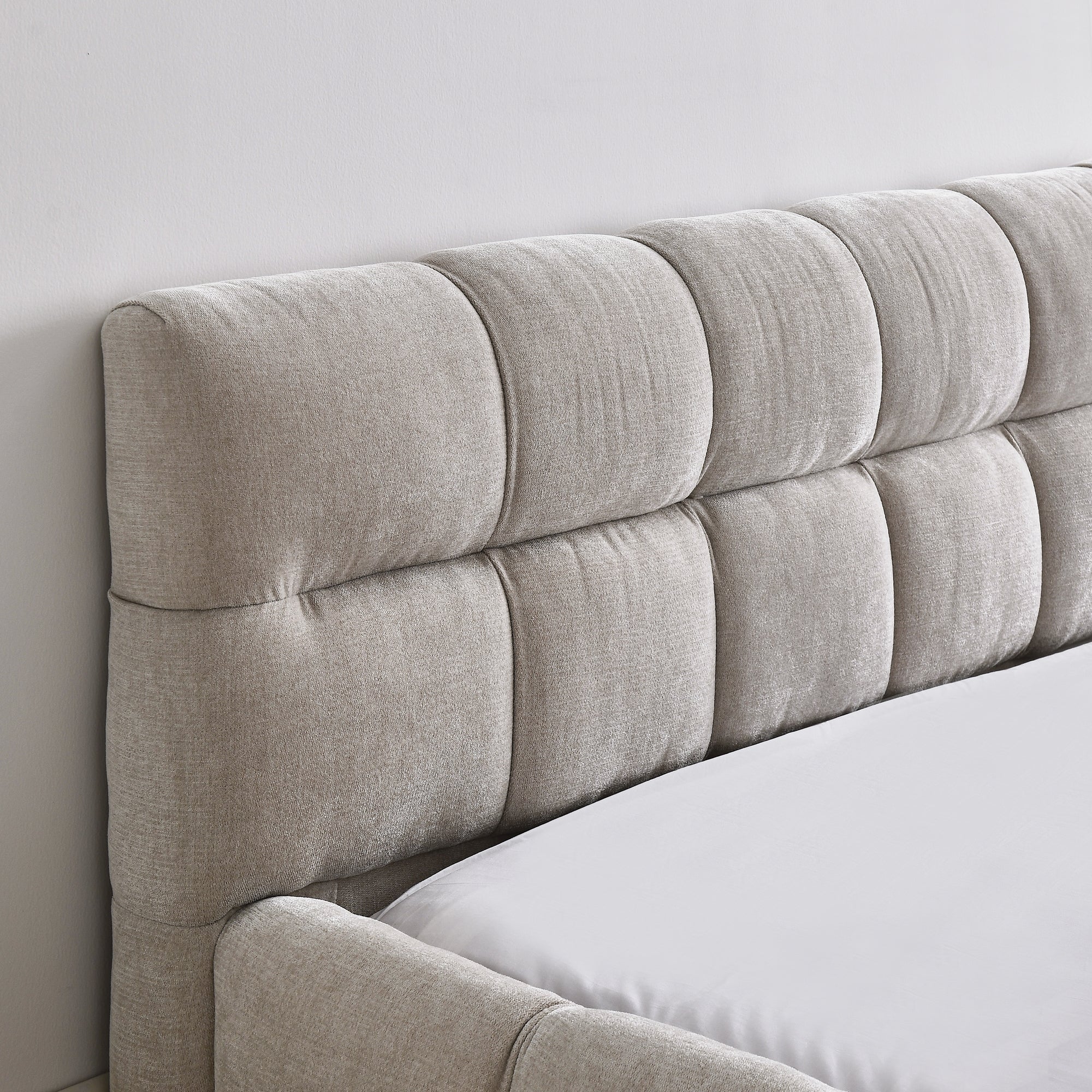Beige large soft-padded bed frame and headboard, thick Chenille fabric