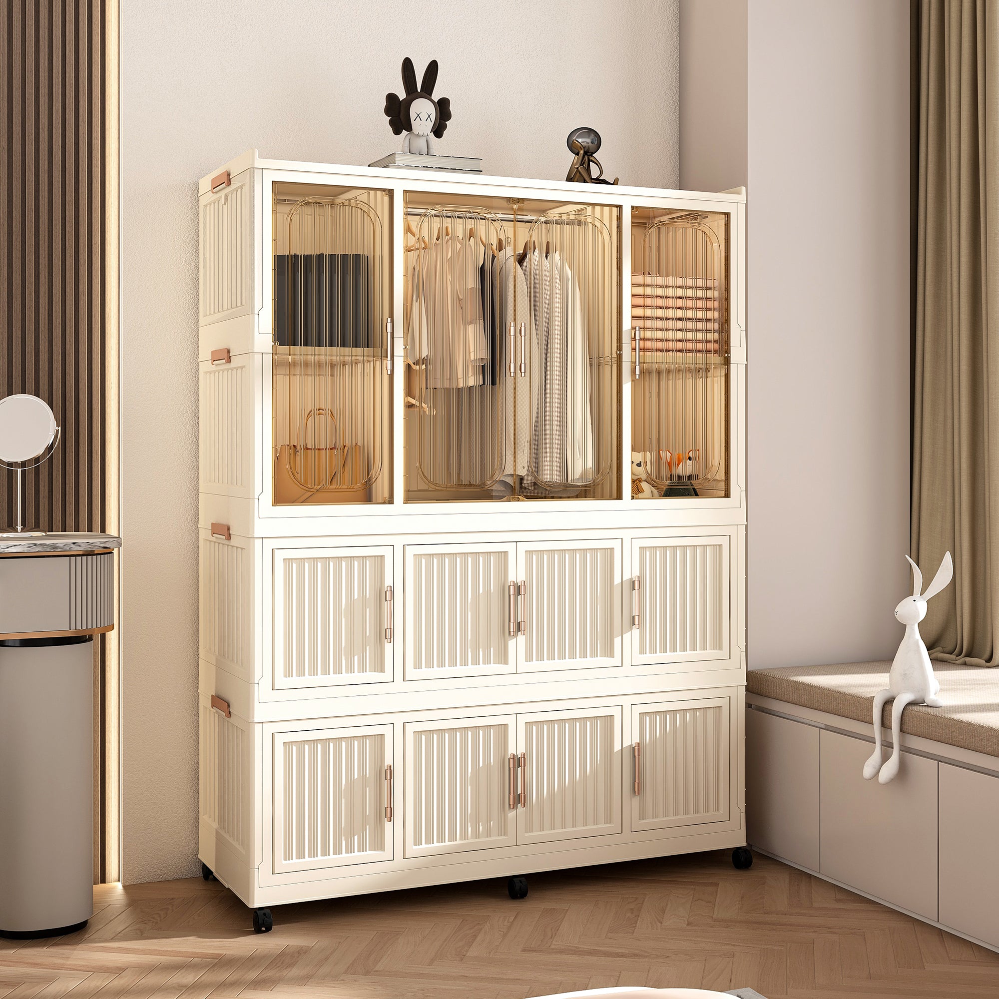 Three-layer white portable wardrobe, storage cabinet and dressing table