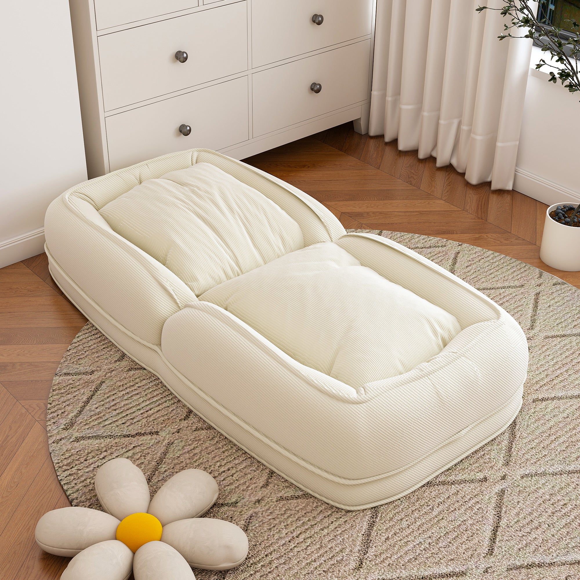 Foldable white sofa bed with soft cushions for people and pets