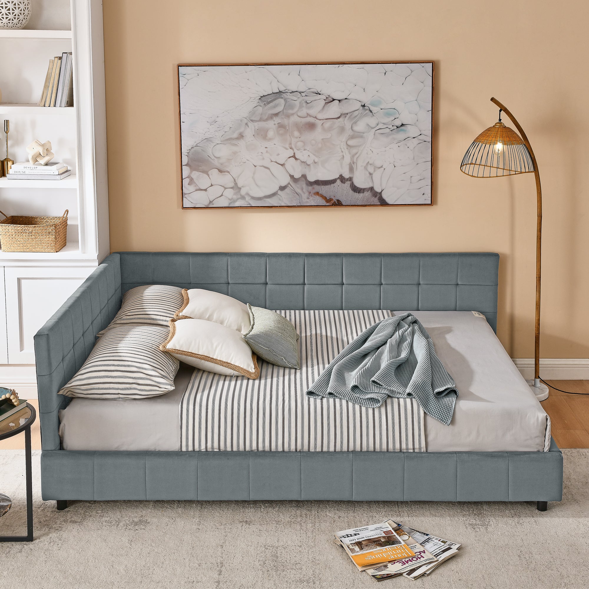 Grey mid-century velvet upholstered tufted king-sized bed frame