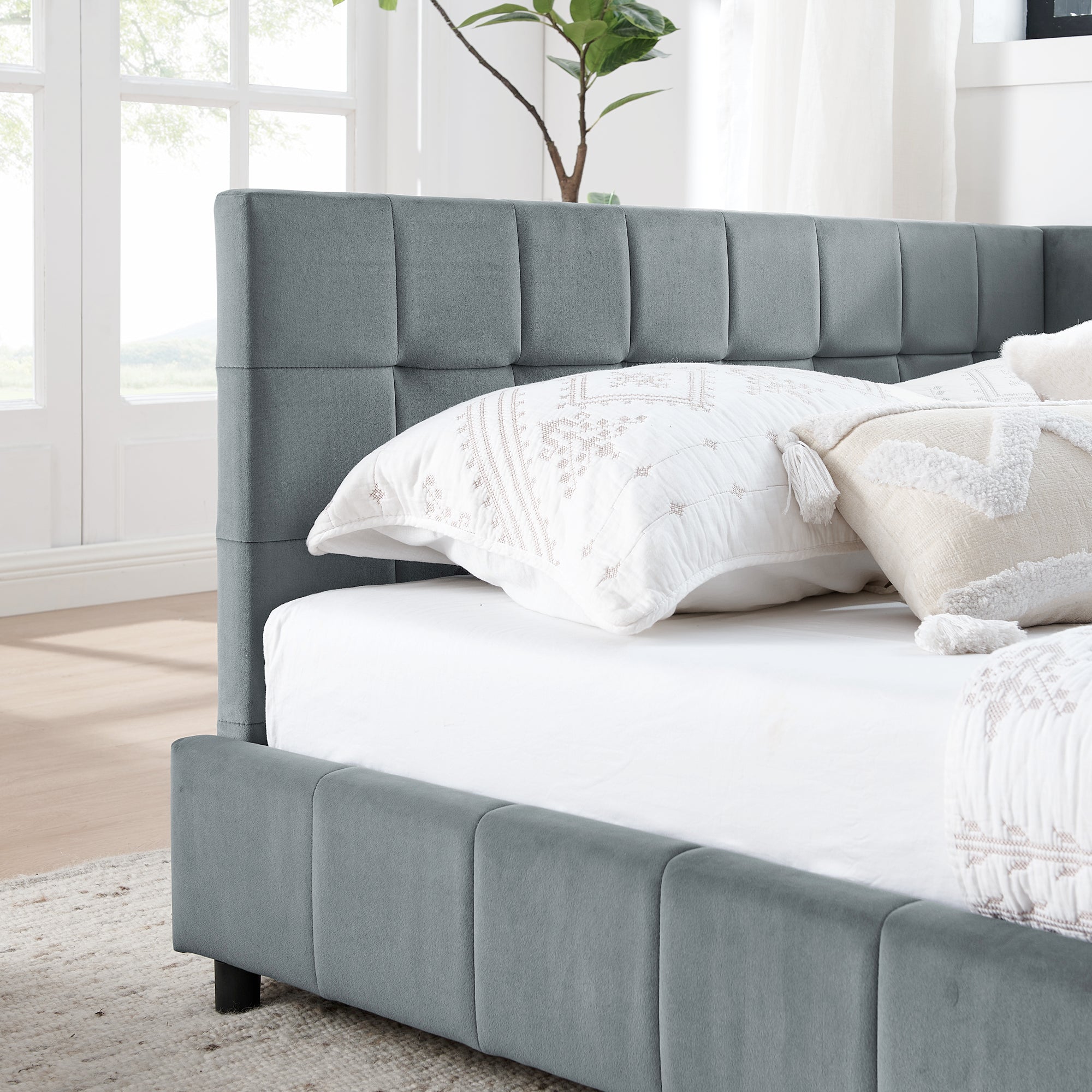 Grey mid-century velvet upholstered tufted king-sized bed frame