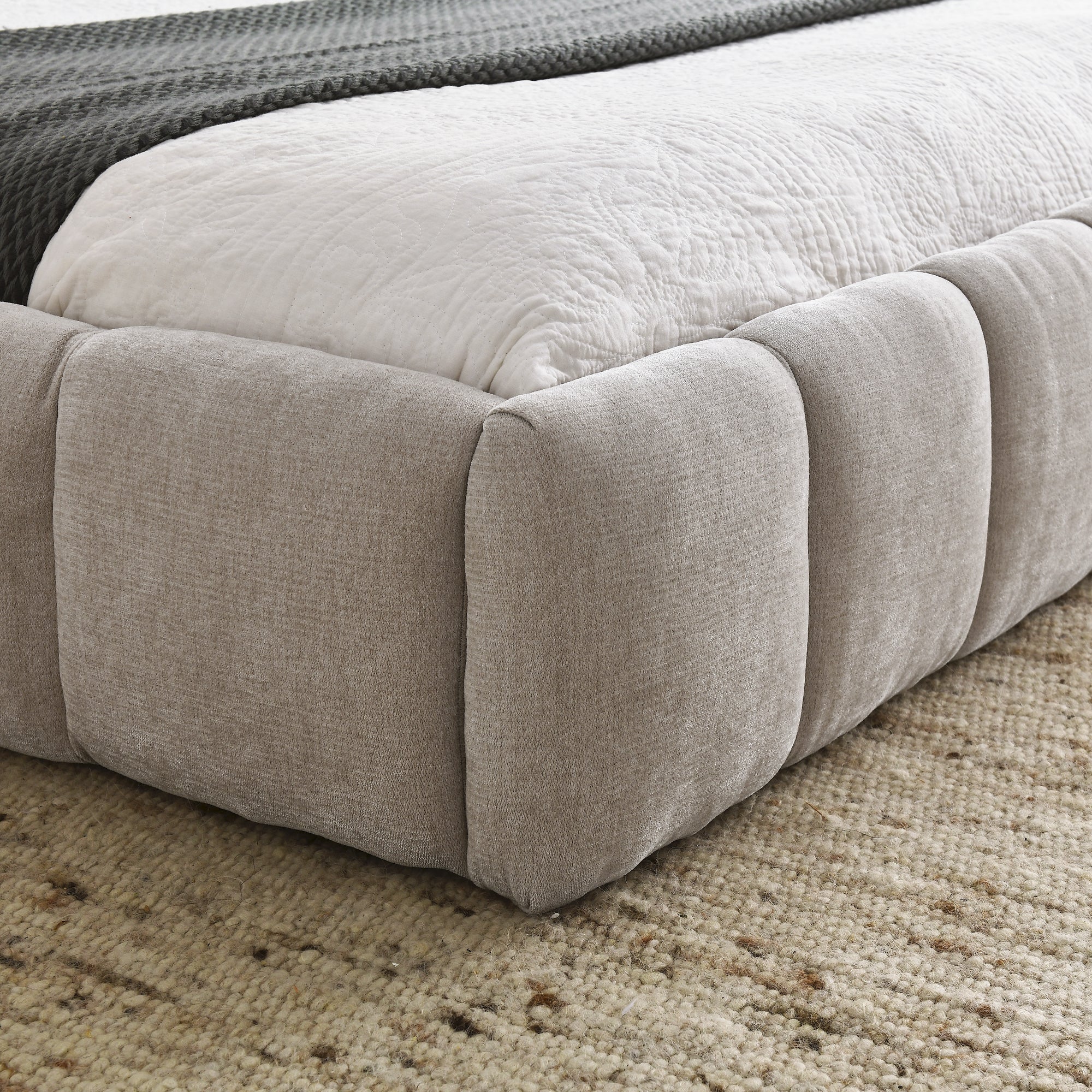 Beige large soft-padded bed frame and headboard, thick Chenille fabric