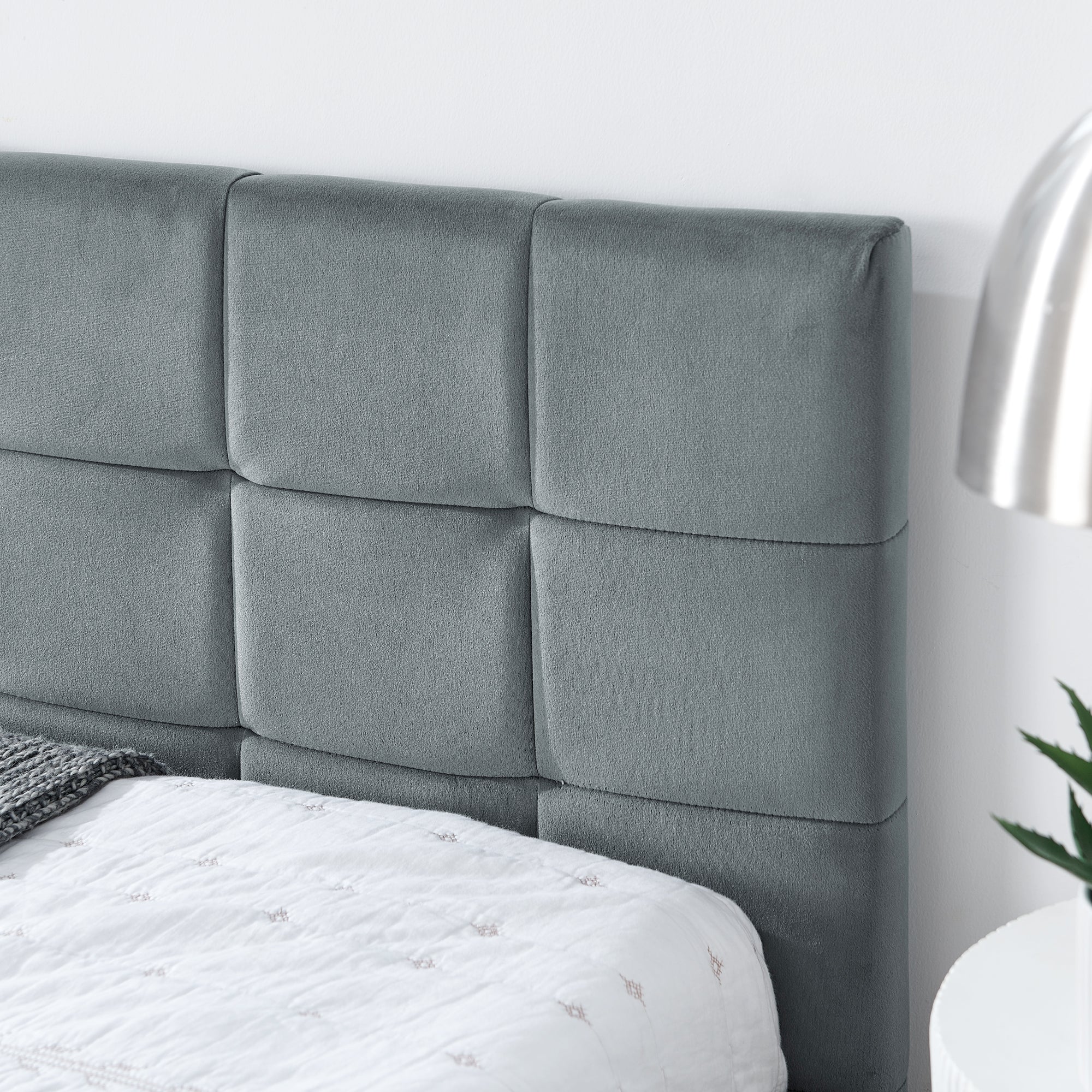 Grey mid-century velvet upholstered tufted king-sized bed frame