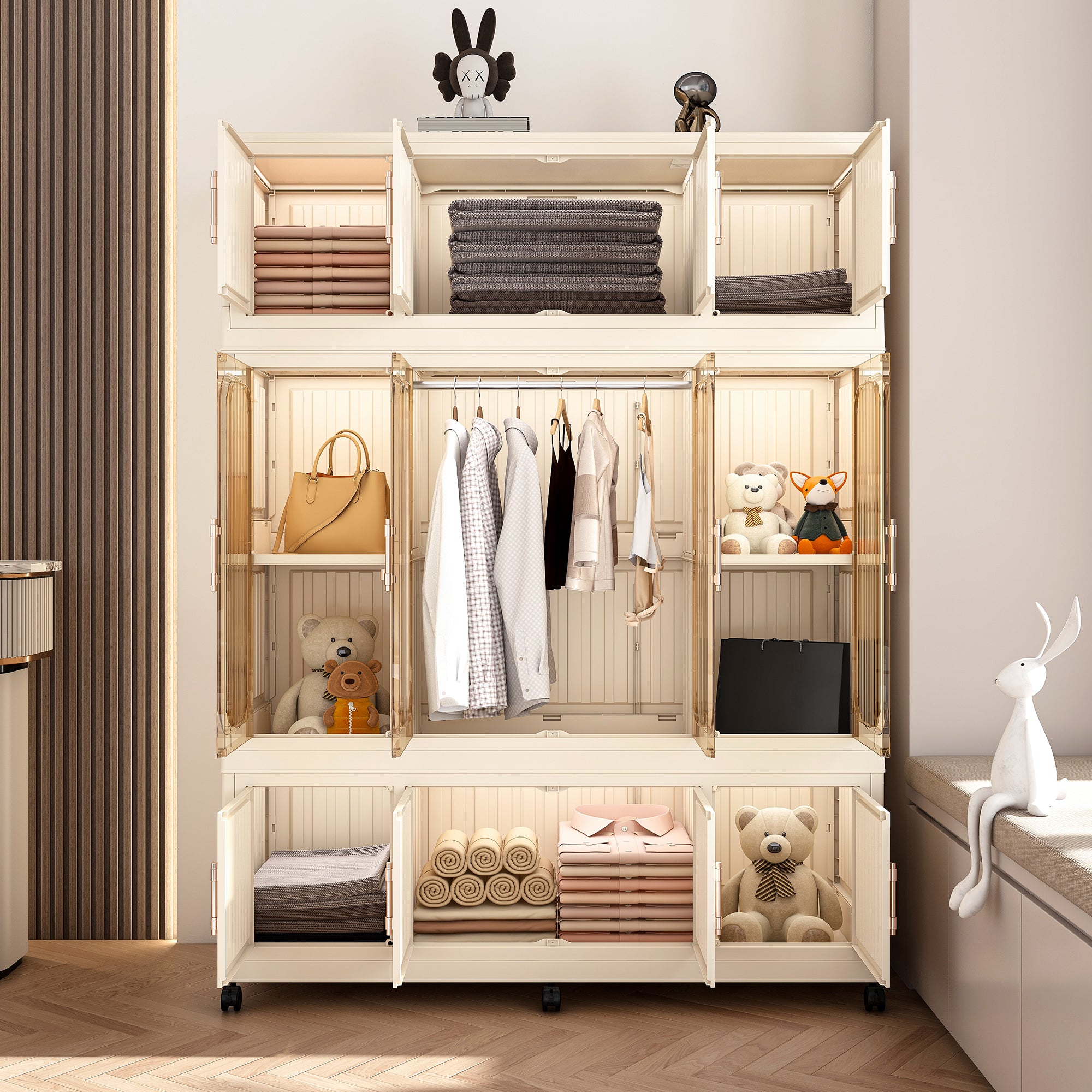 Three-layer white portable wardrobe, storage cabinet and dressing table