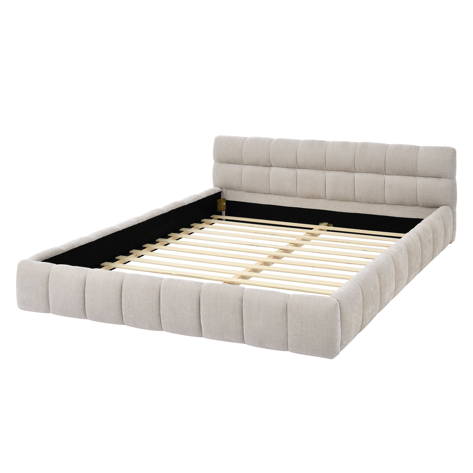 Beige large soft-padded bed frame and headboard, thick Chenille fabric