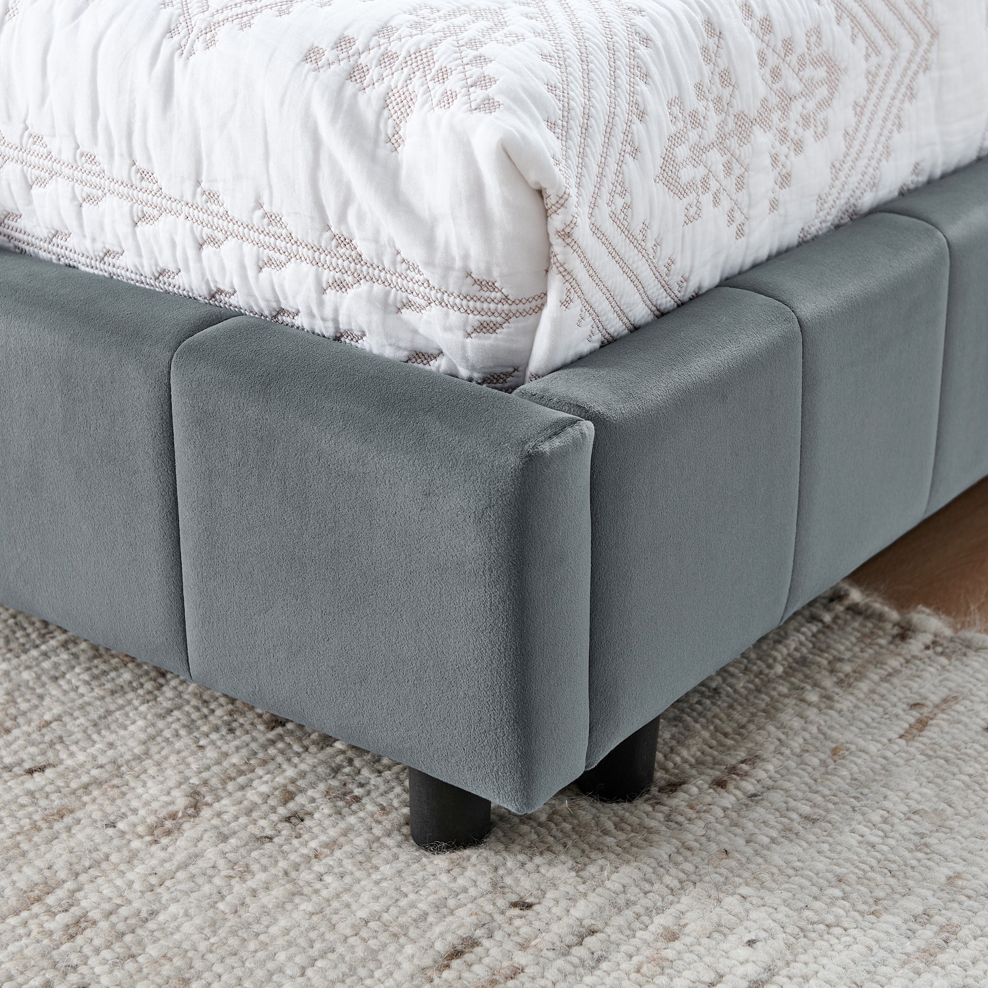 Grey mid-century velvet upholstered tufted king-sized bed frame