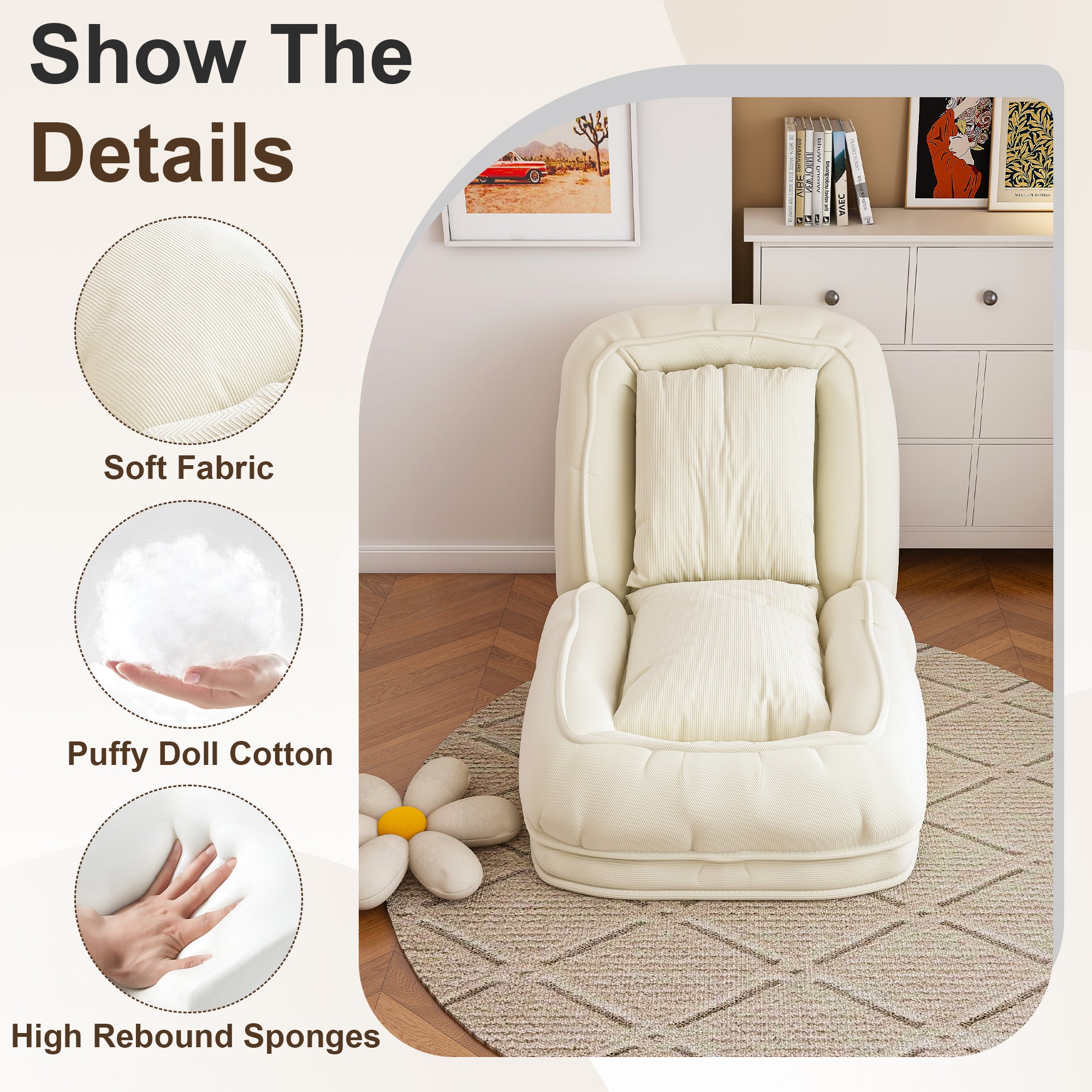 Foldable white sofa bed with soft cushions for people and pets