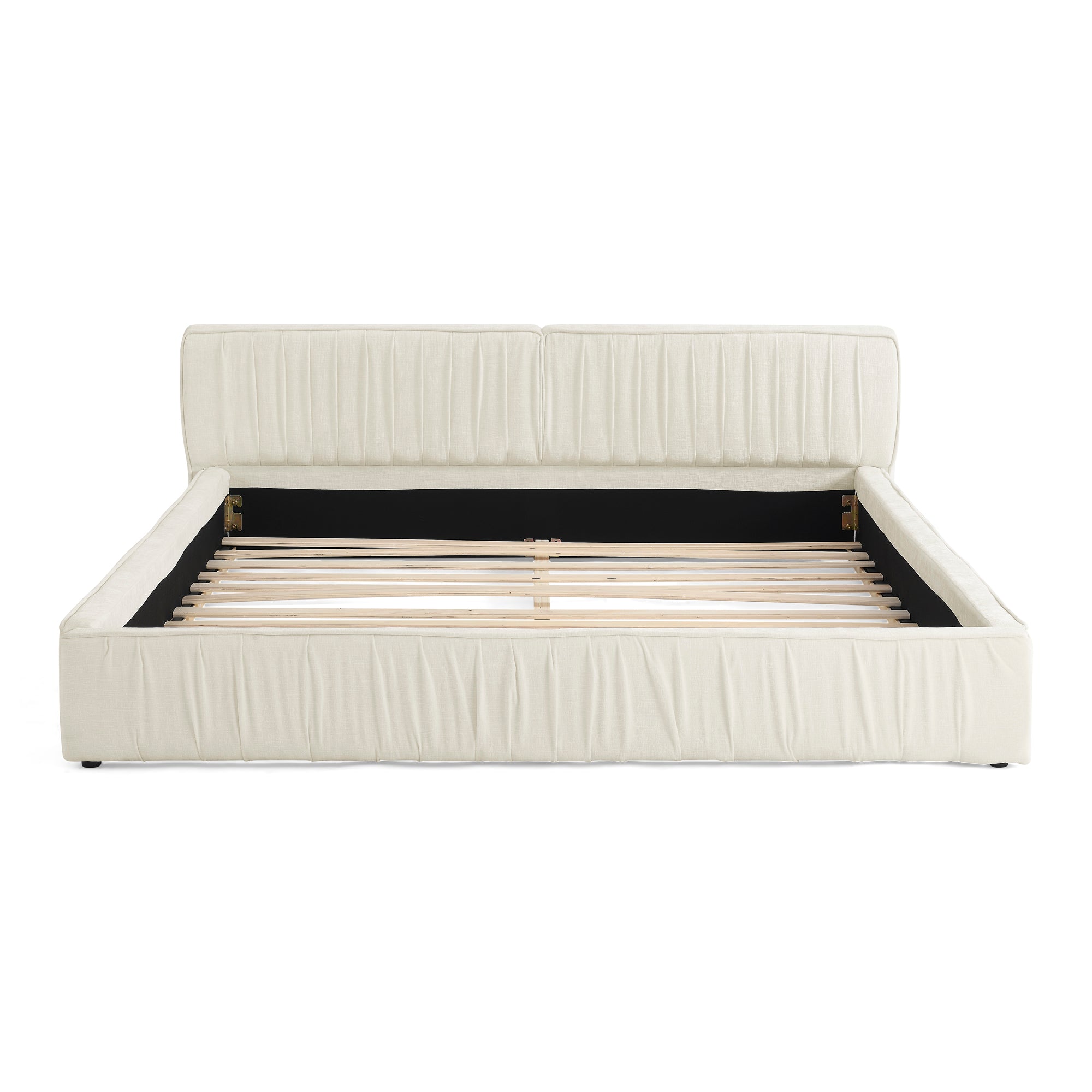 Beige large soft-padded platform bed frame