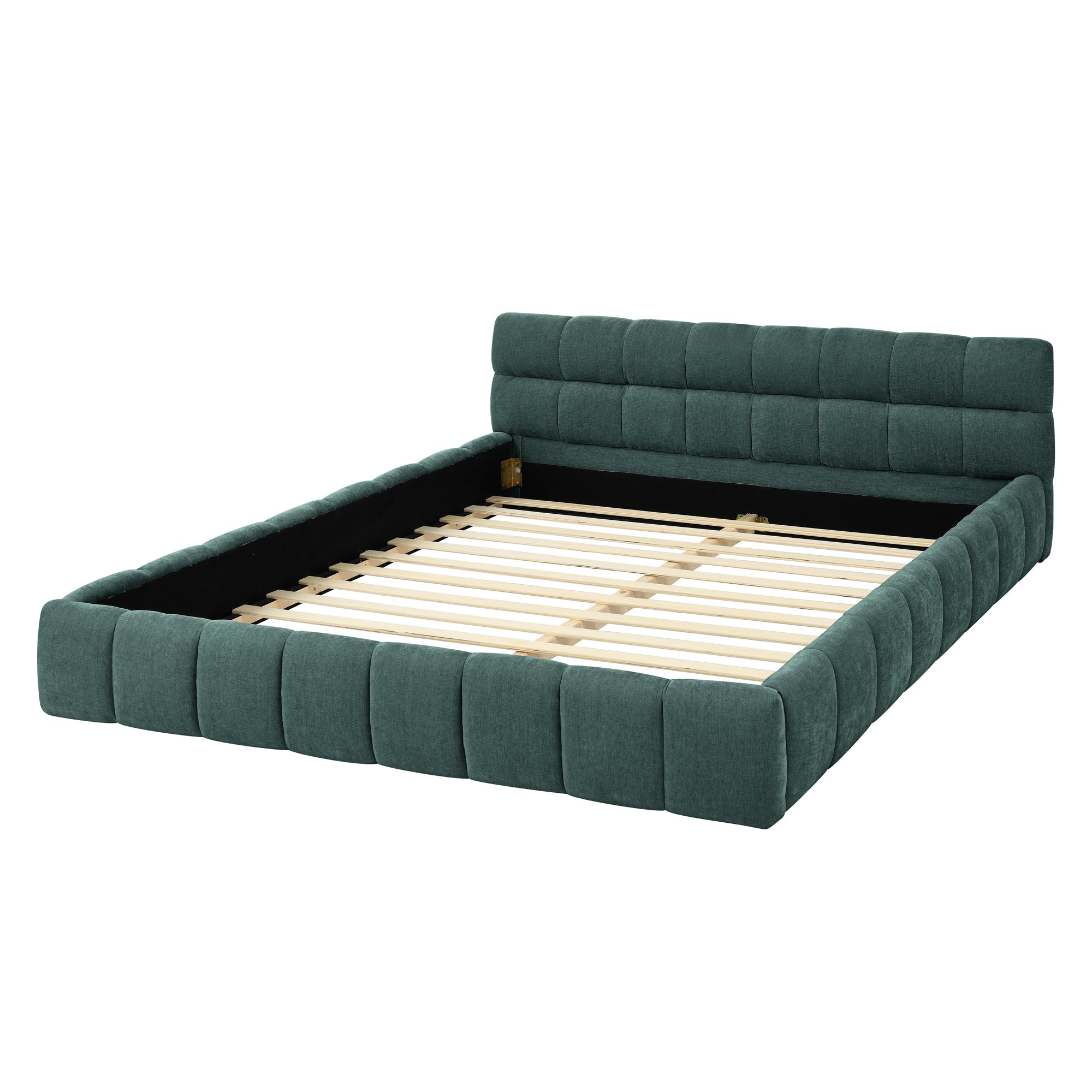 Large soft-padded bed frame in blue-green color