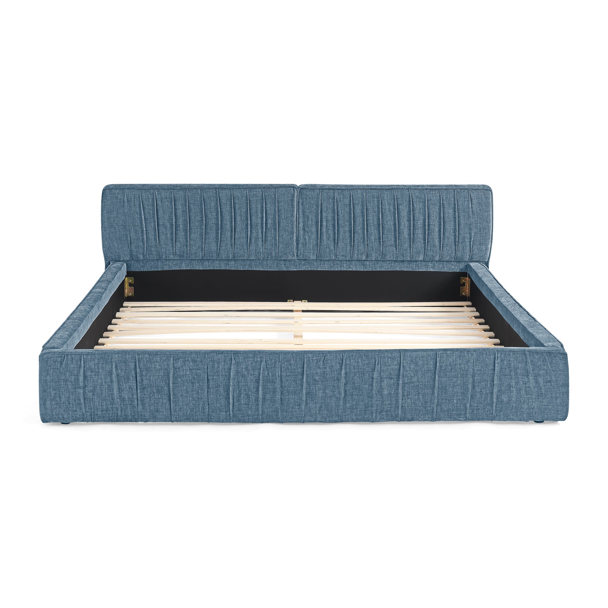 Large blue soft-padded bed frame