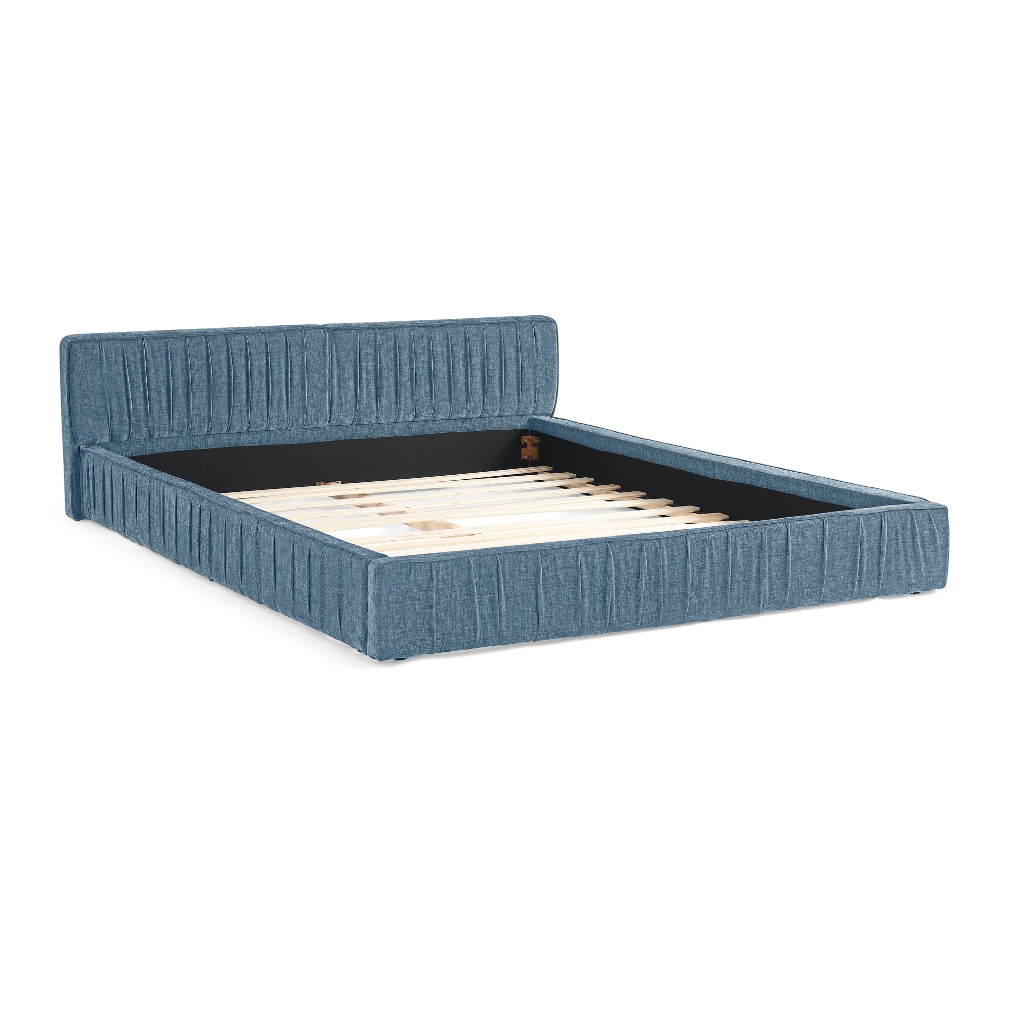 Large blue soft-padded bed frame